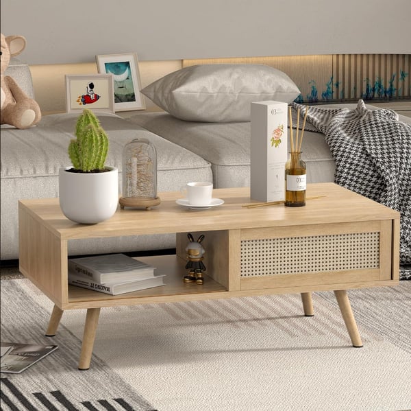 Rattan Coffee Table Mid Century Modern Coffee Table with Storage 41.3 Inch Wooden Accent Center Sofa Table with Sliding Woven Door Panel and Solid Wood Legs Perfect for Living Room MABOLUS