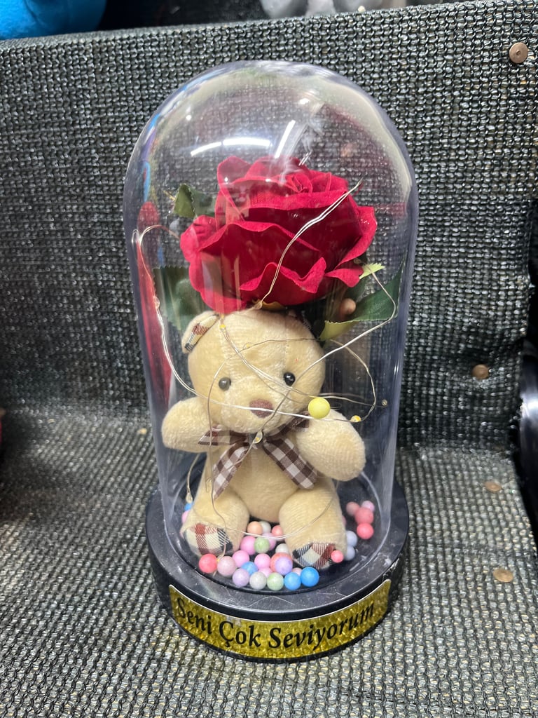 Cam Fanusta Ayıcık ve Gül ışıklı