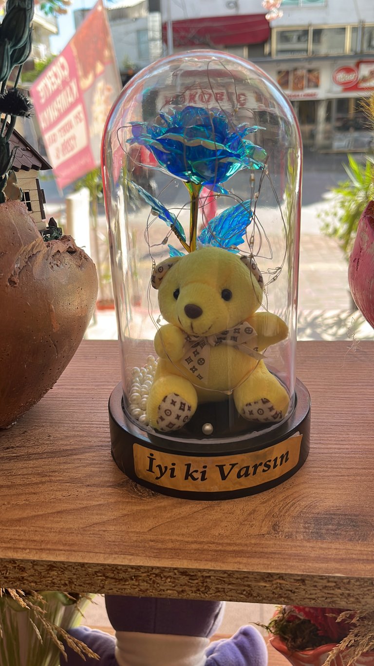 Cam Fanus İçinde Peluş Ayıcık ve Renkli Gül