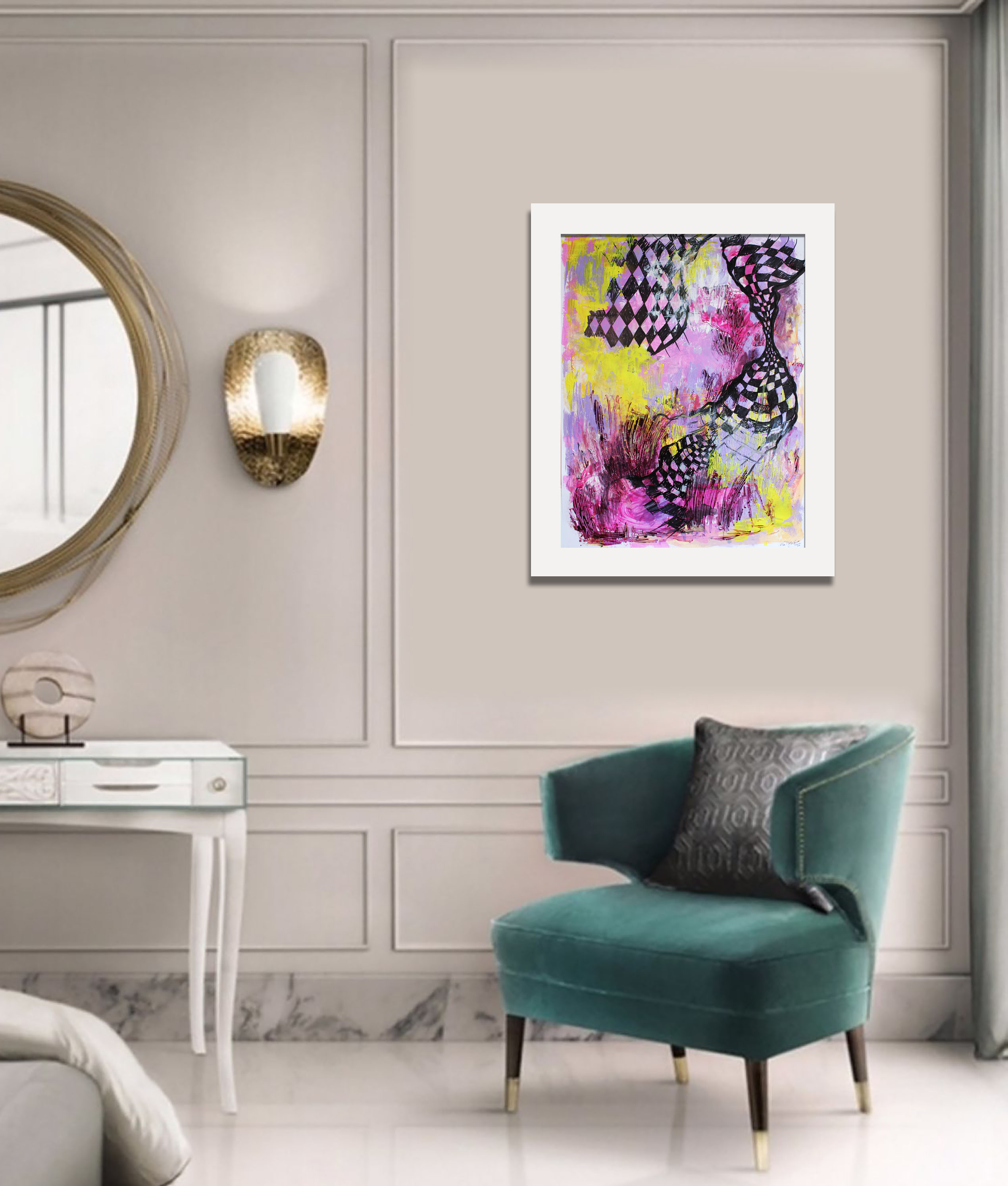 She flies over pink clouds