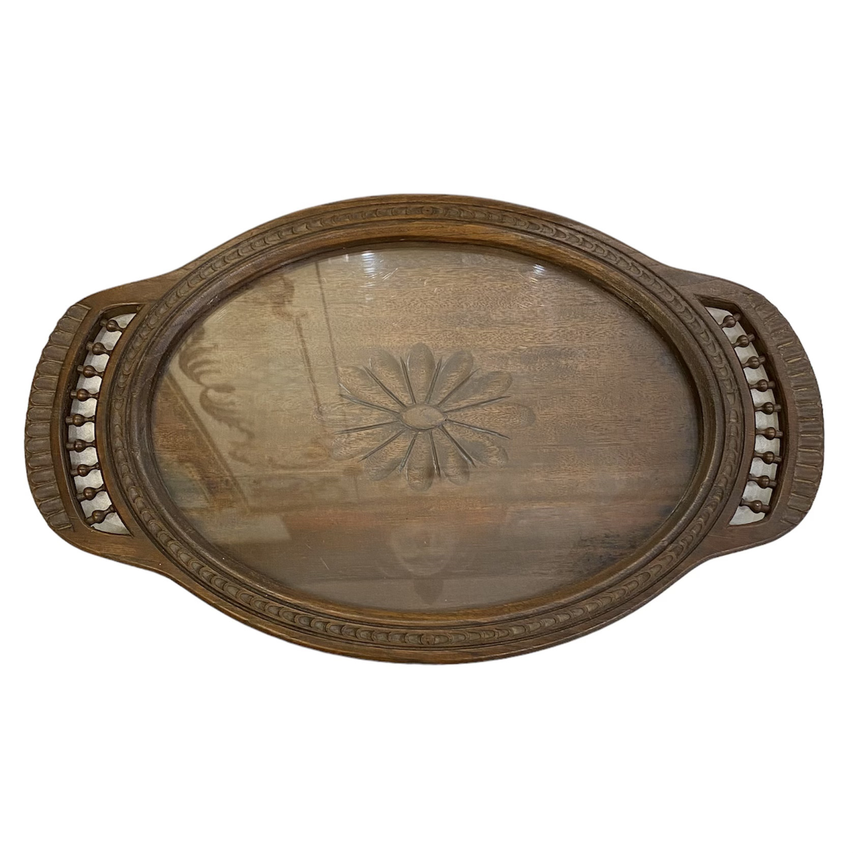 Plateau de service en bois ancien et plaque en verre