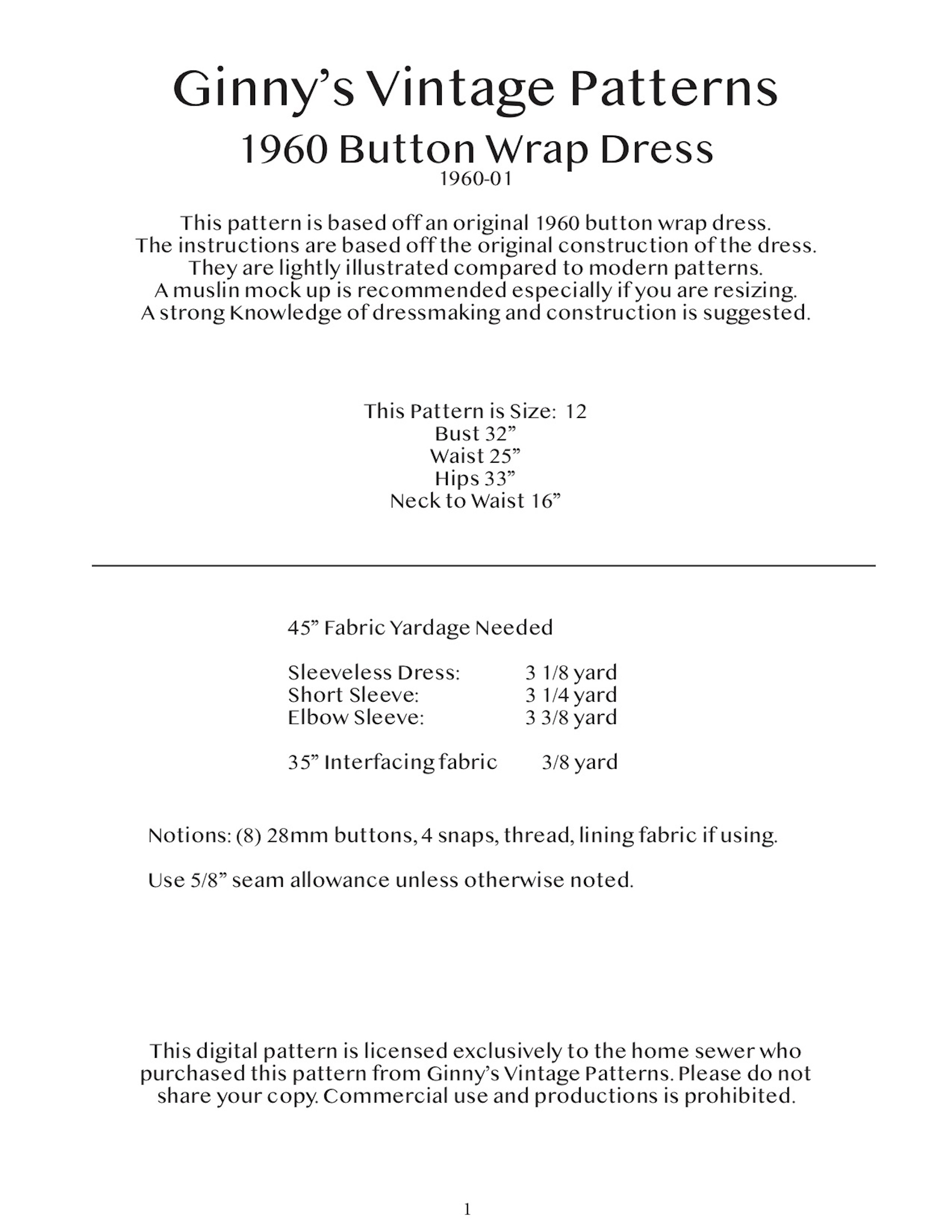 1960 Vintage Wrap Dress Pattern