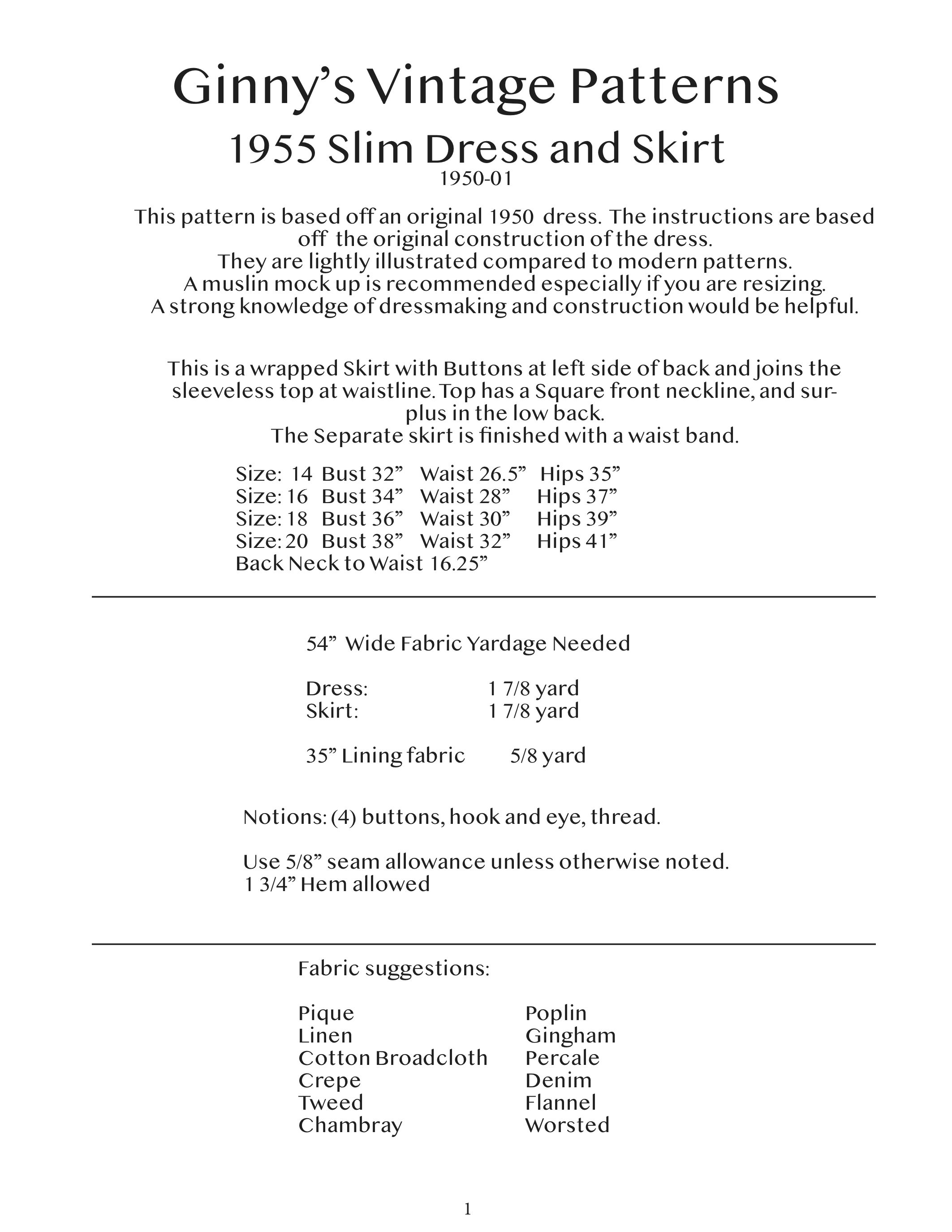 1950 Slim Dress or Skirt 