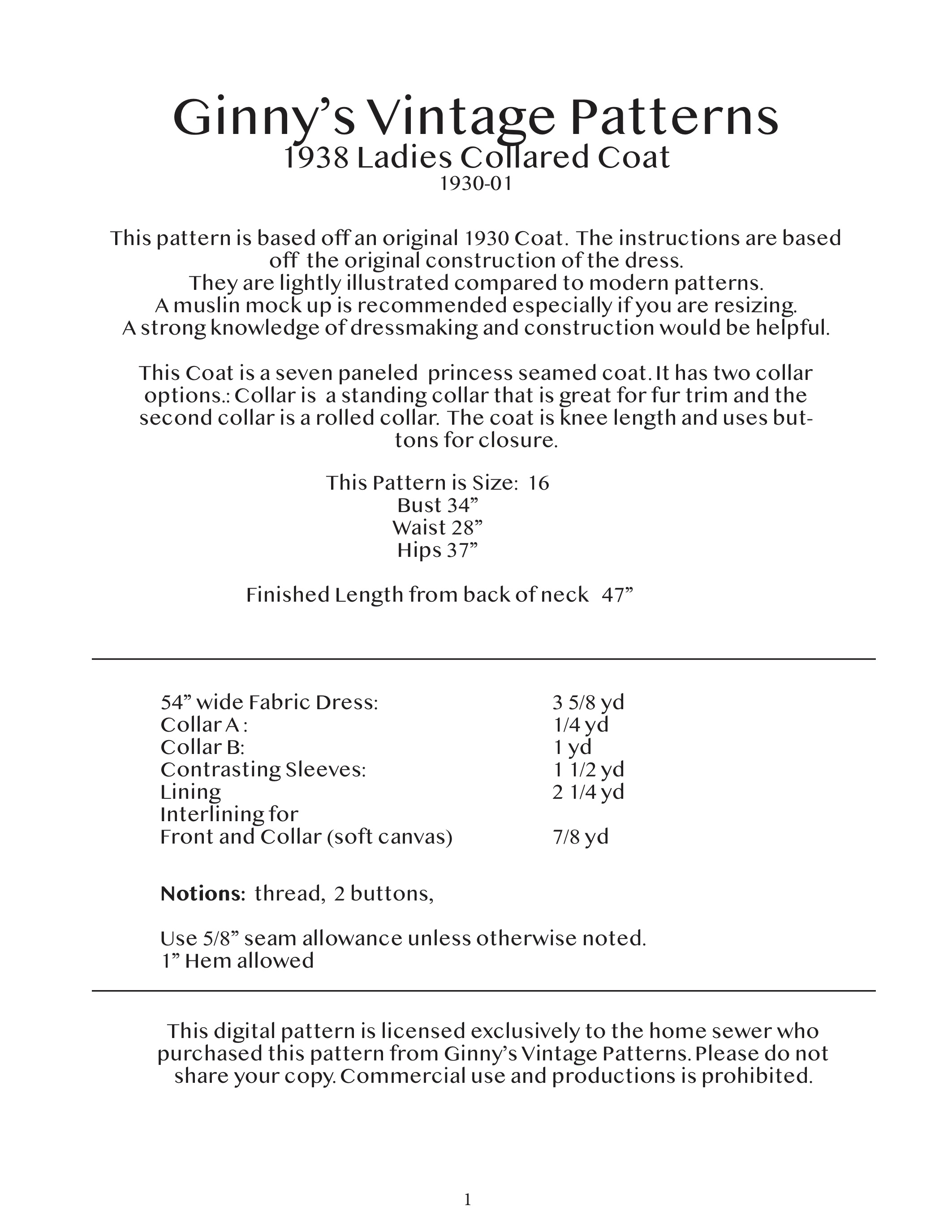 1938 Ladies Collared Coat