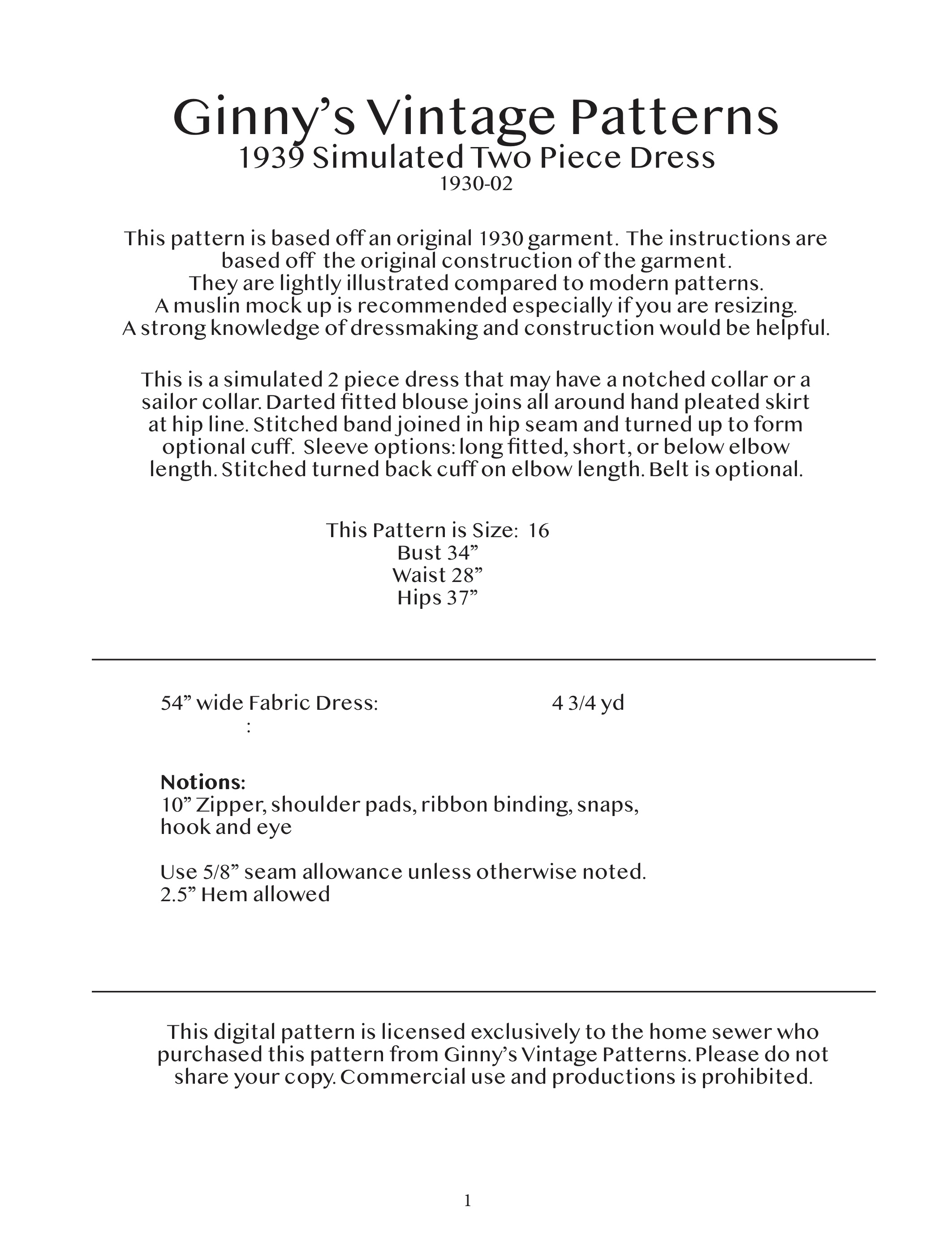 1939 Simulated Two Piece Dress