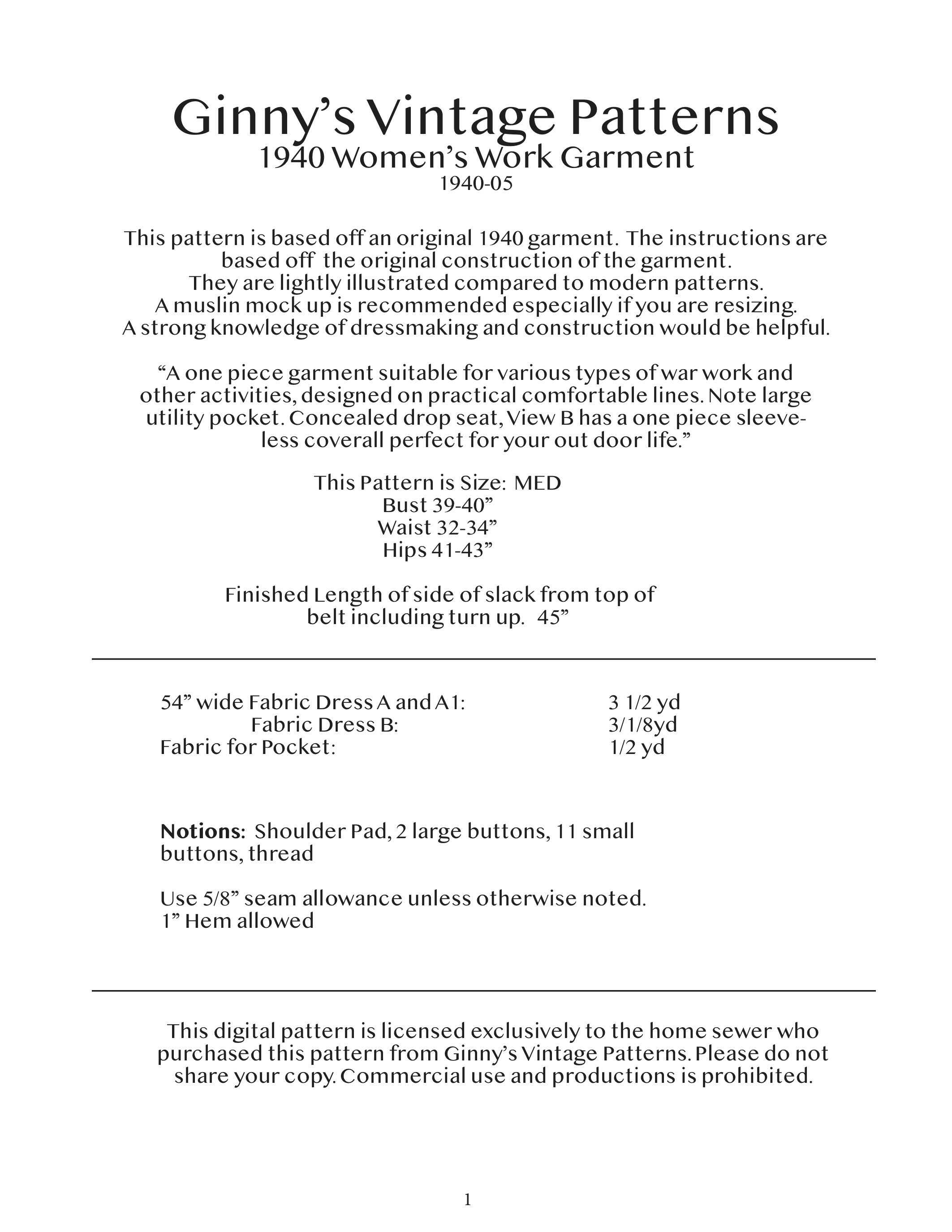 1940 Women’s Work Garment