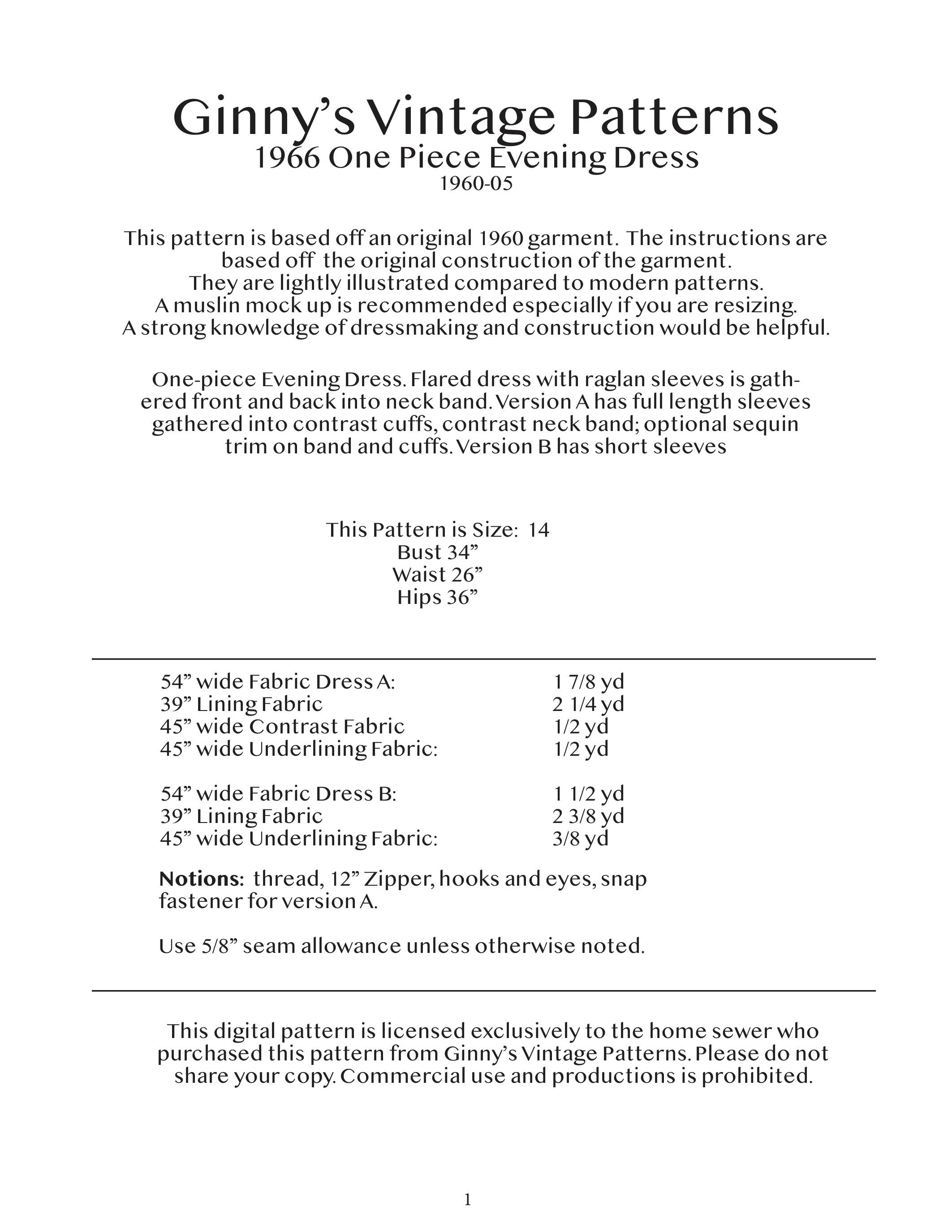 1966 One Piece Evening Dress