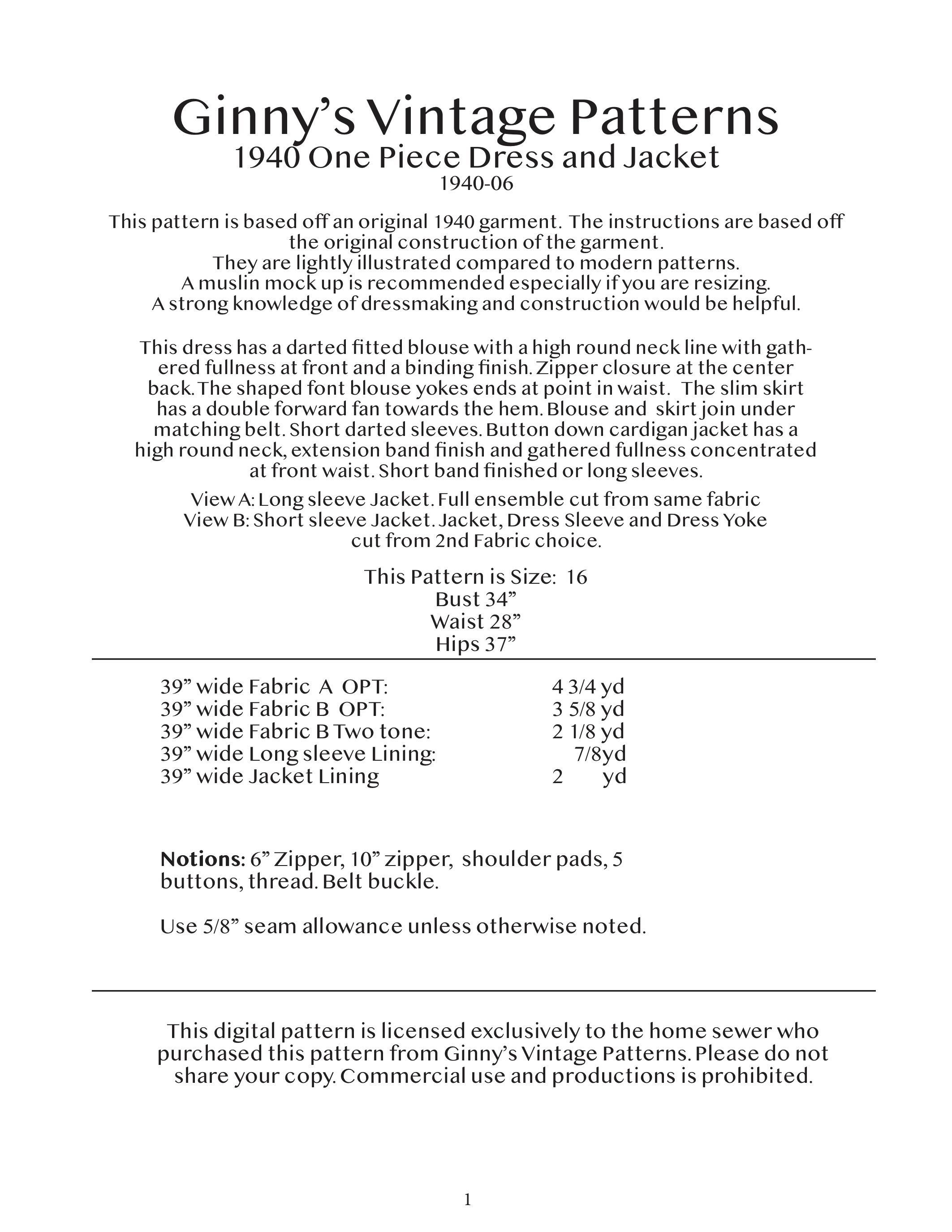 1940 One Piece Dress and Jacket