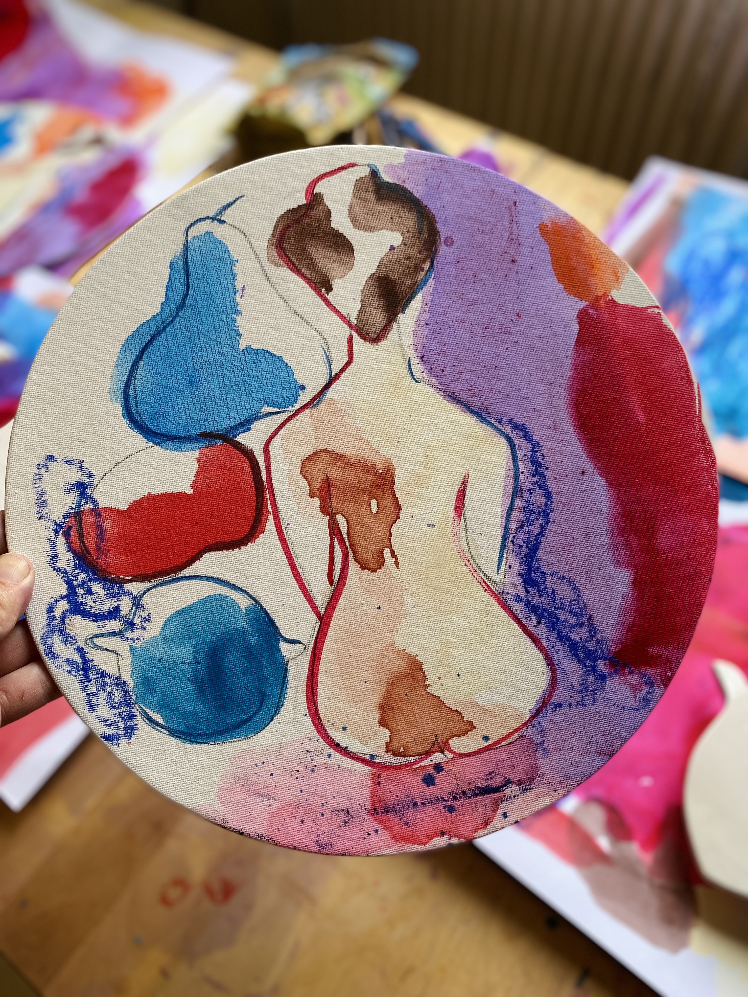 tableau tondo "la belle aux poires turquoise"