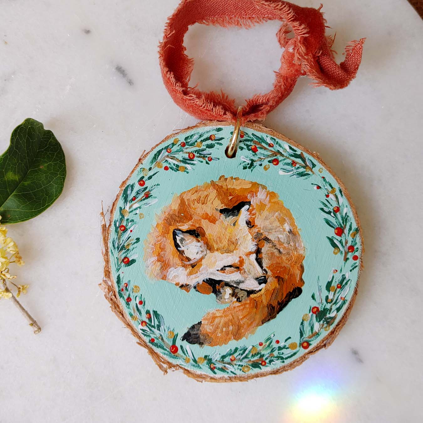 "Sleepy Fox" Wood Slice Ornament