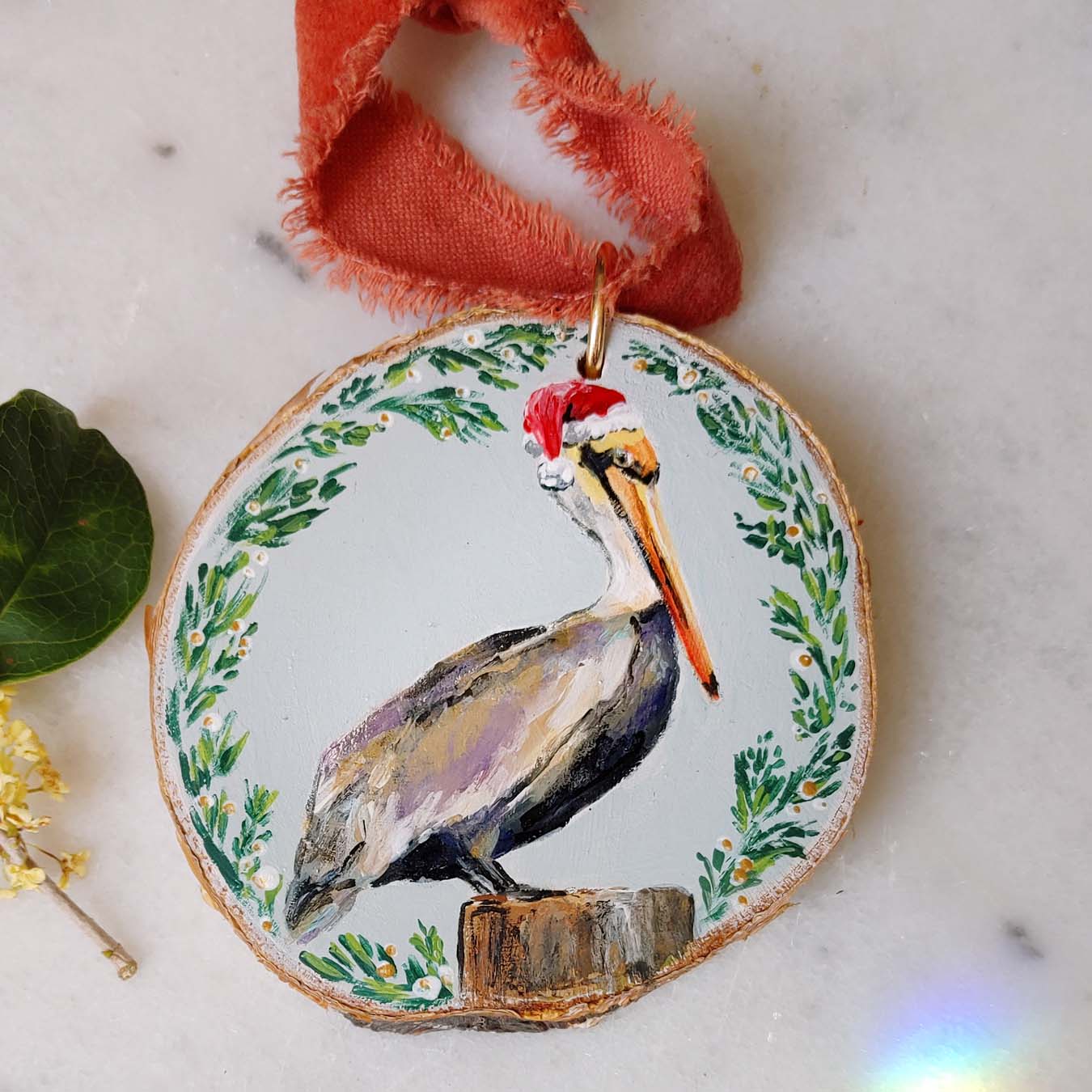 "Santa Pelican" Wood Slice Ornament