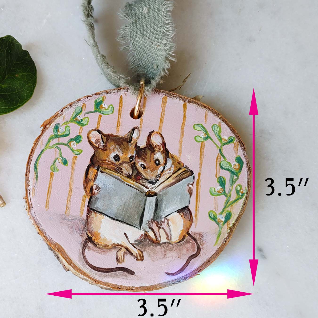 "Book Mouse" Wood Slice Ornament