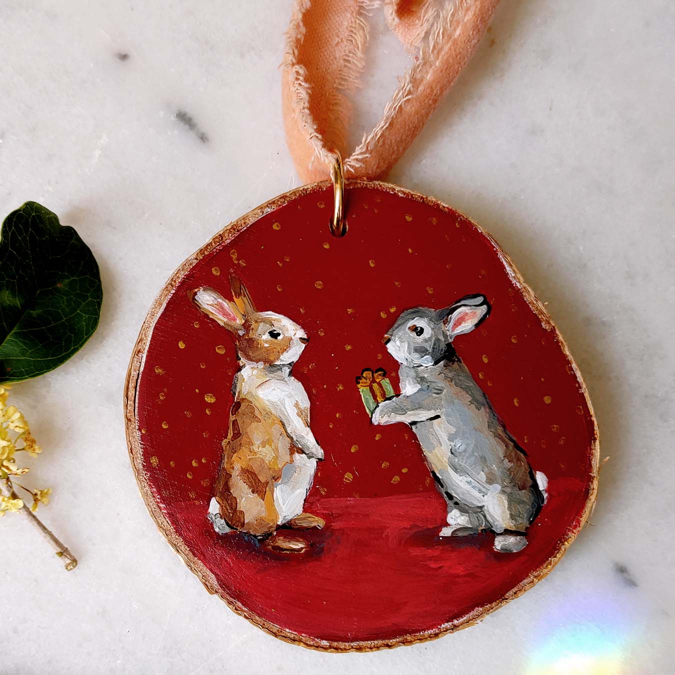 "Bunny Gift" Wood Slice Ornament