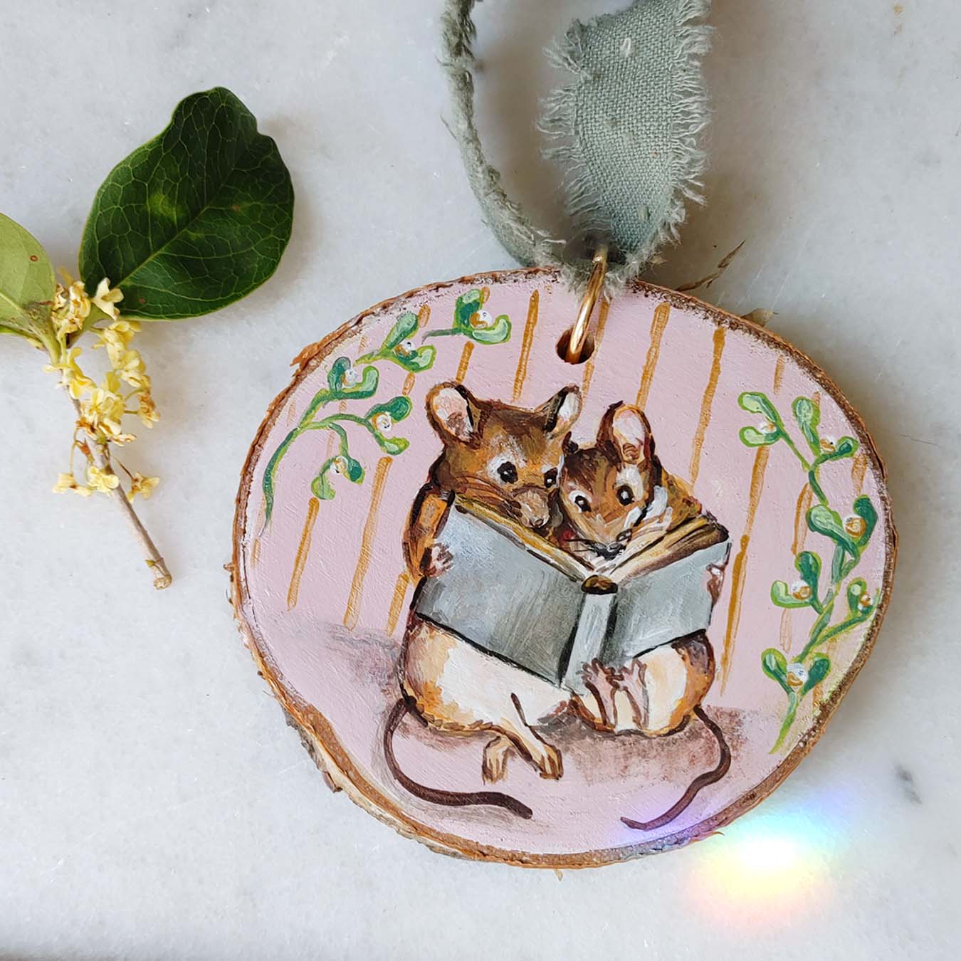 "Book Mouse" Wood Slice Ornament