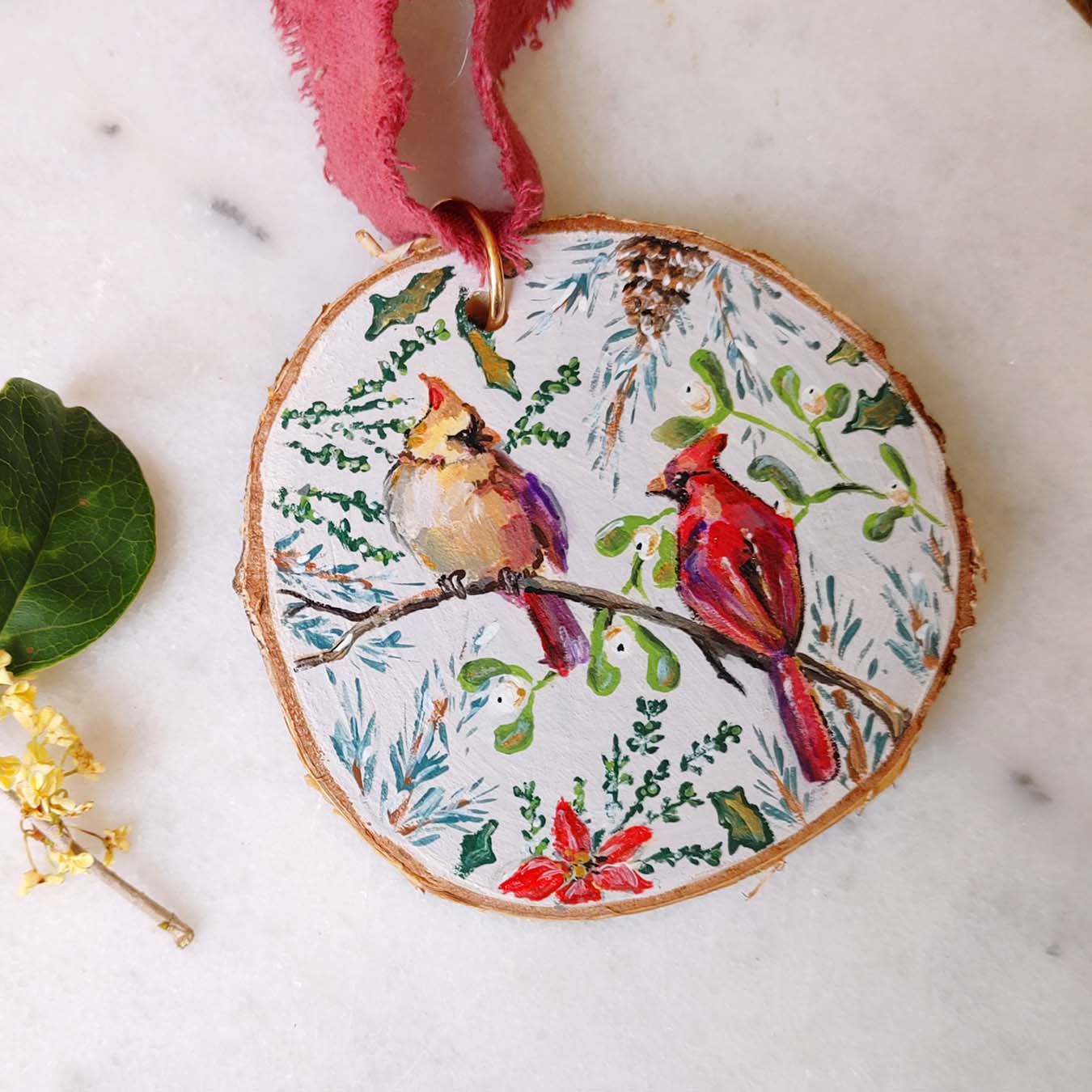 "Cardinal Chat" Wood Slice Ornament