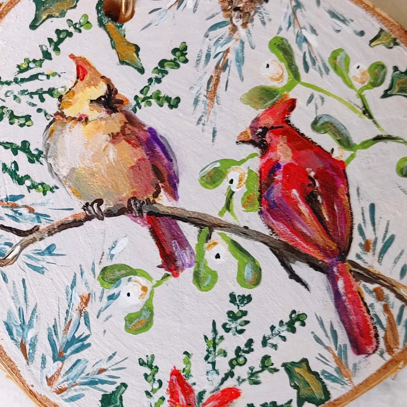 "Cardinal Chat" Wood Slice Ornament