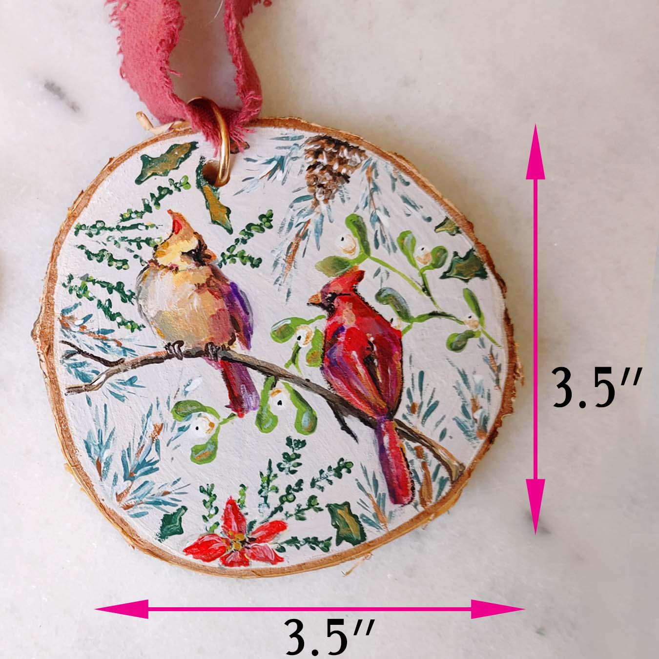 "Cardinal Chat" Wood Slice Ornament