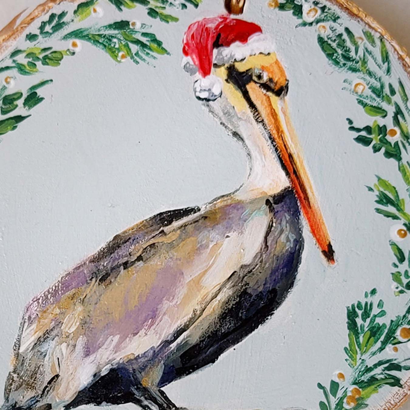 "Santa Pelican" Wood Slice Ornament