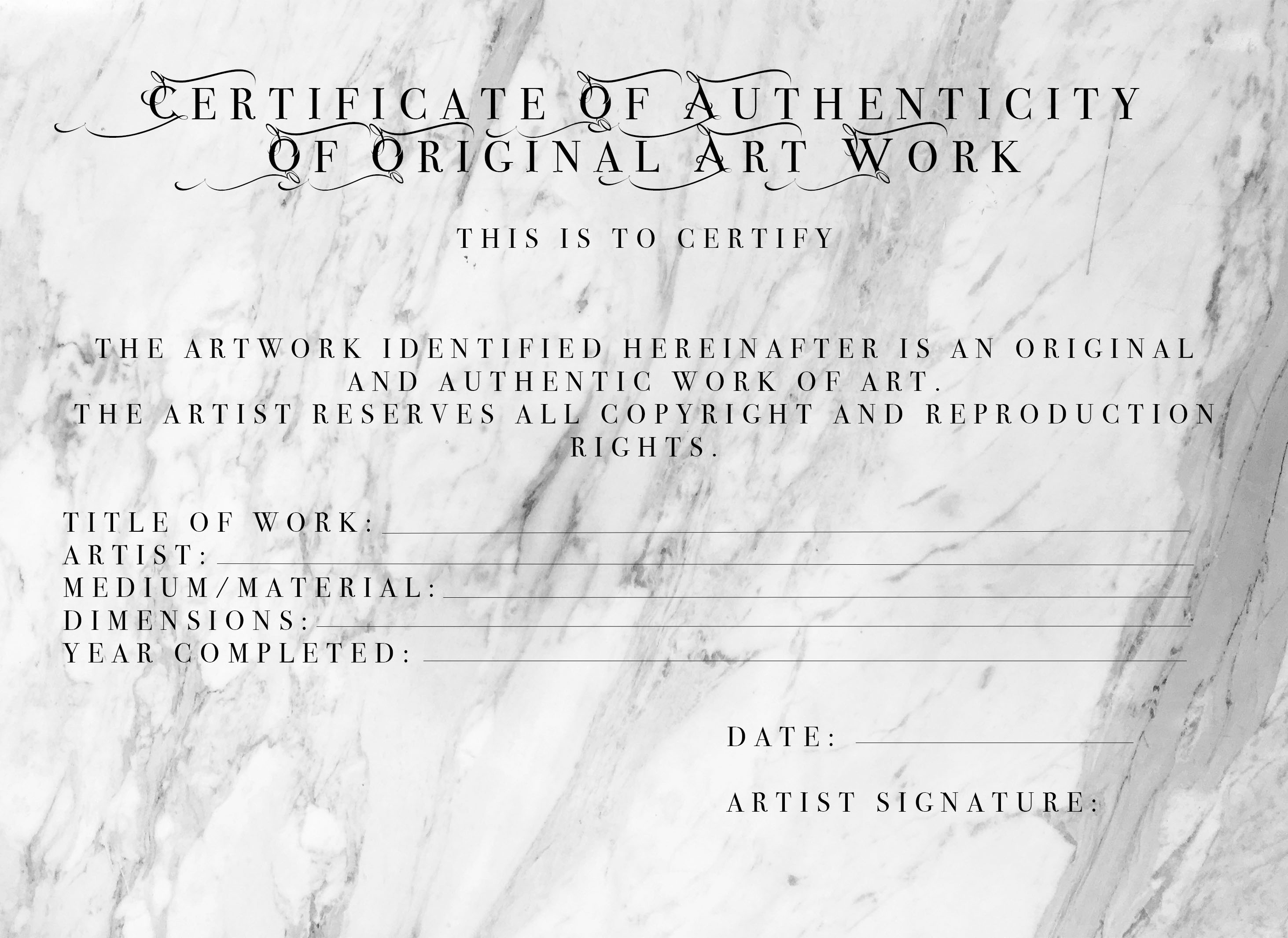Certificate of Authenticity Of Original Artwork - Marble effect