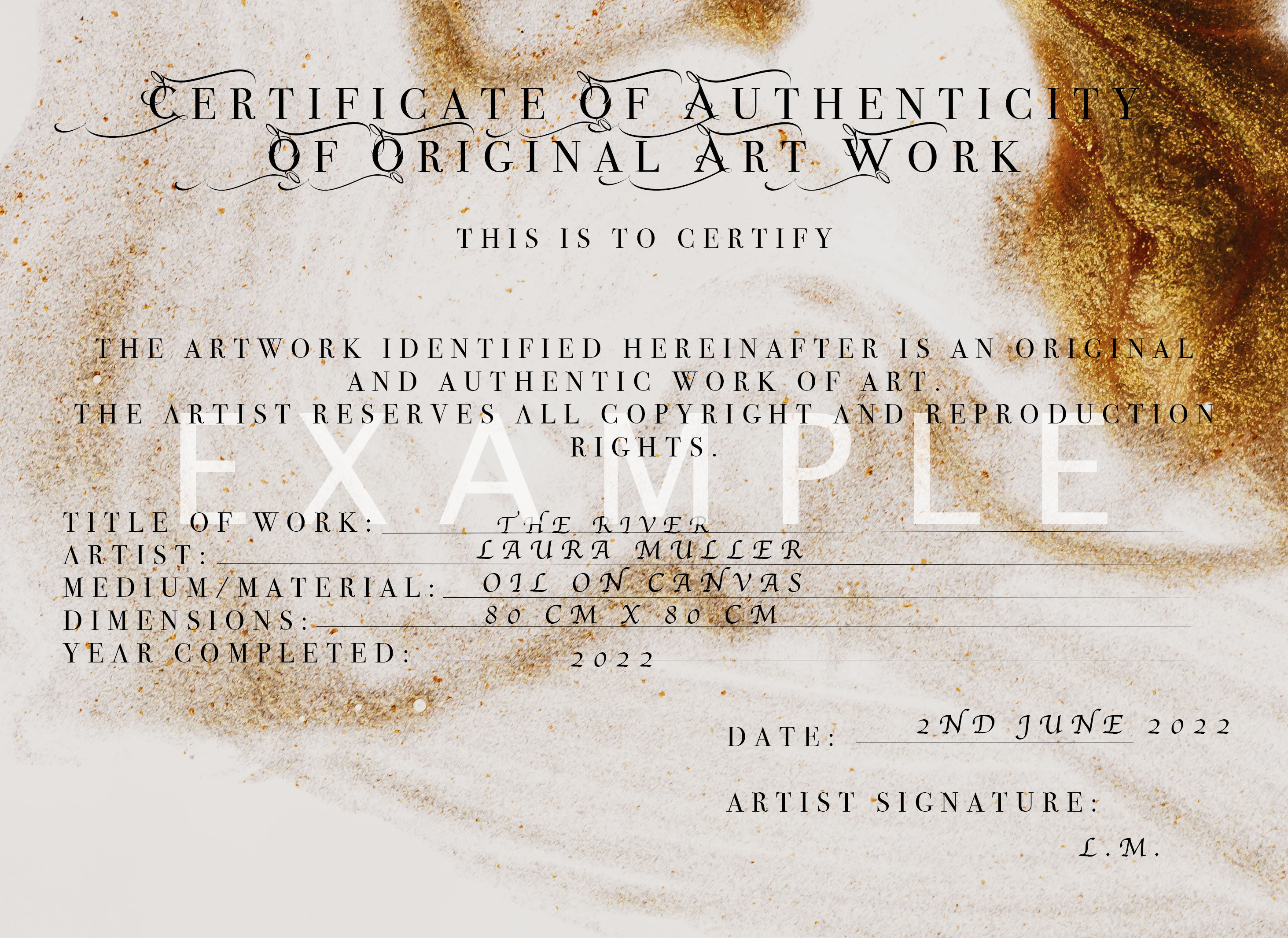 Certificate of authenticity of original artwork - Gold effect