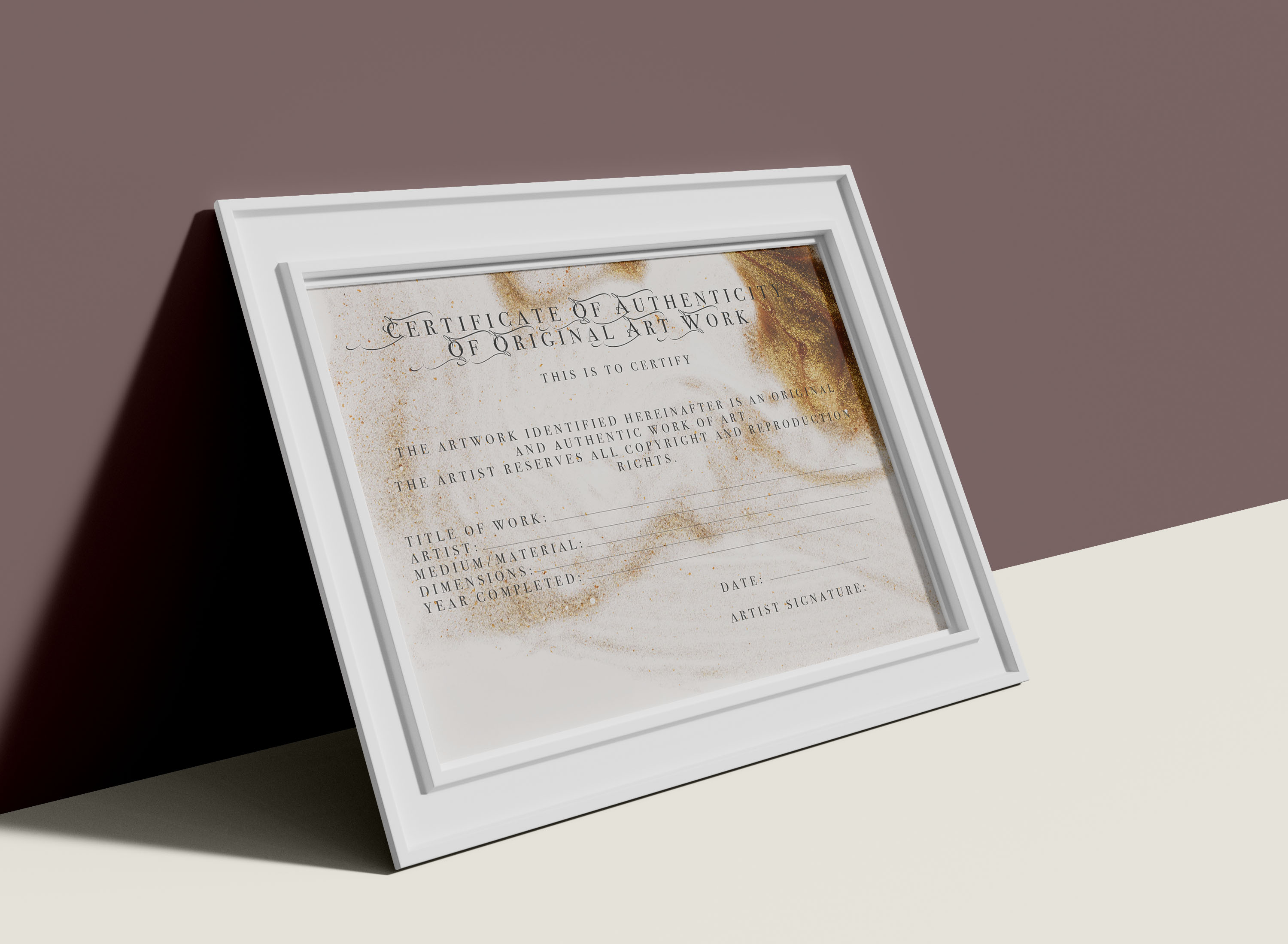 Certificate of authenticity of original artwork - Gold effect
