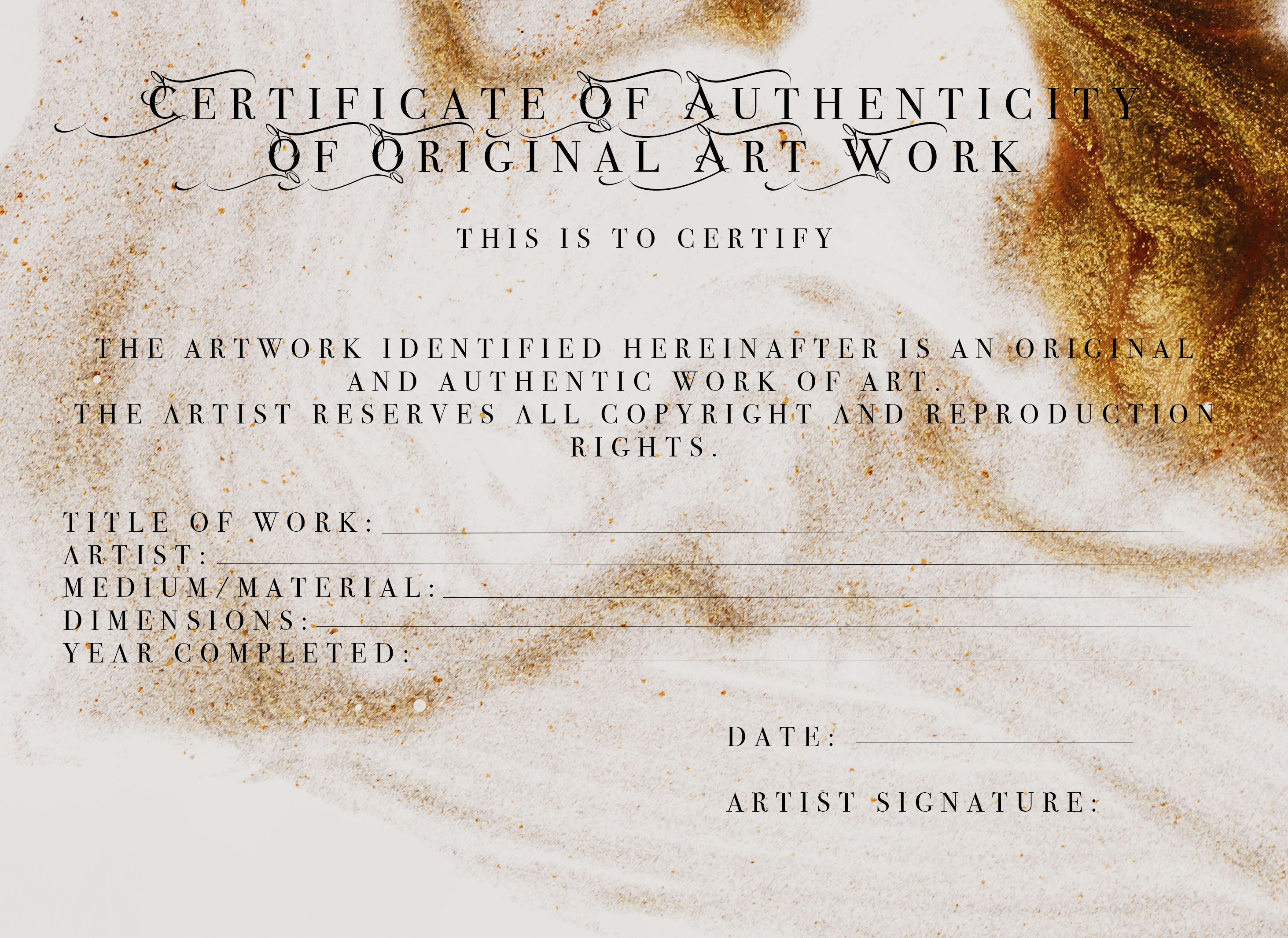 Certificate of authenticity of original artwork - Gold effect