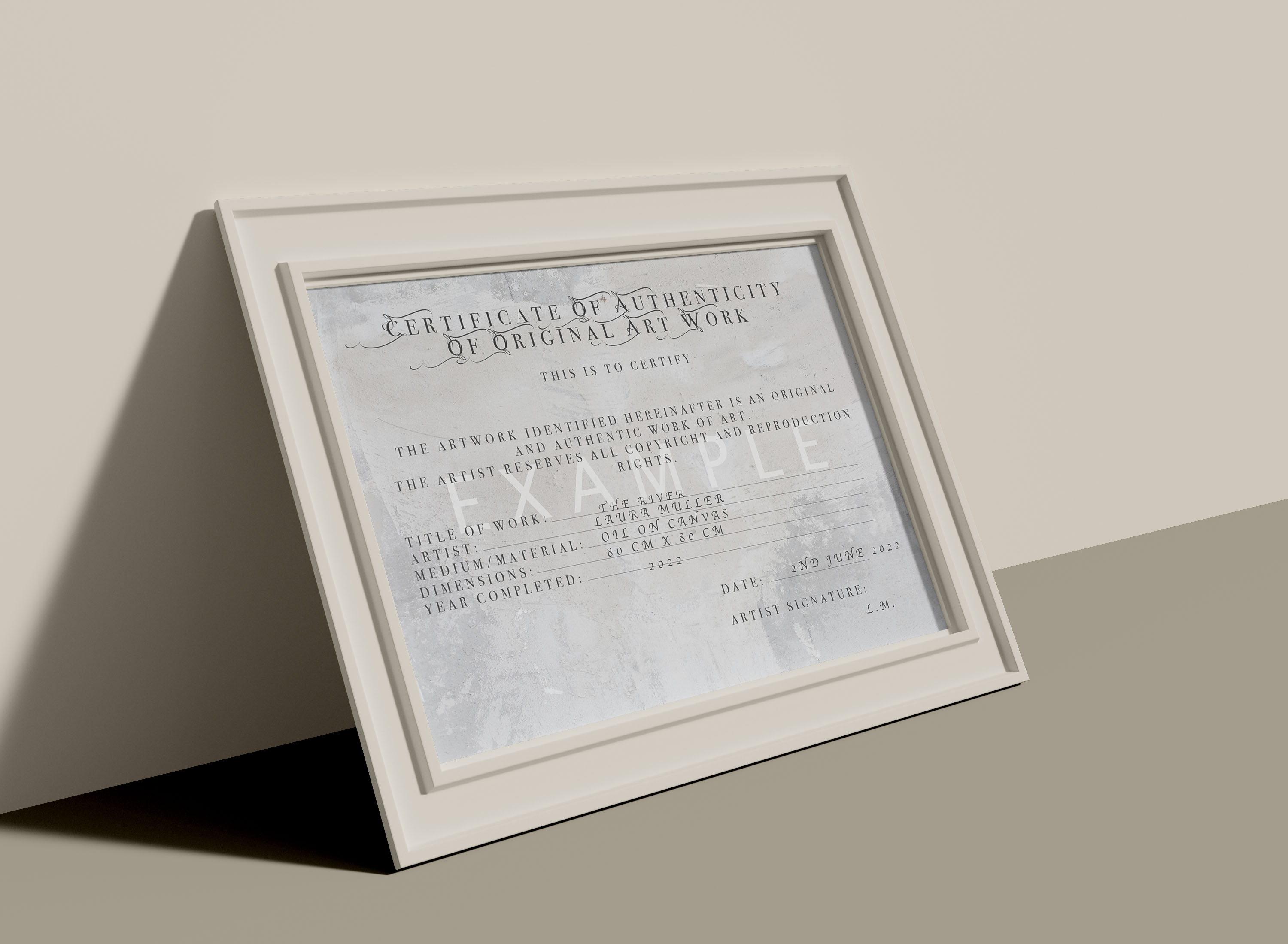 Certificate of authenticity of original artwork 