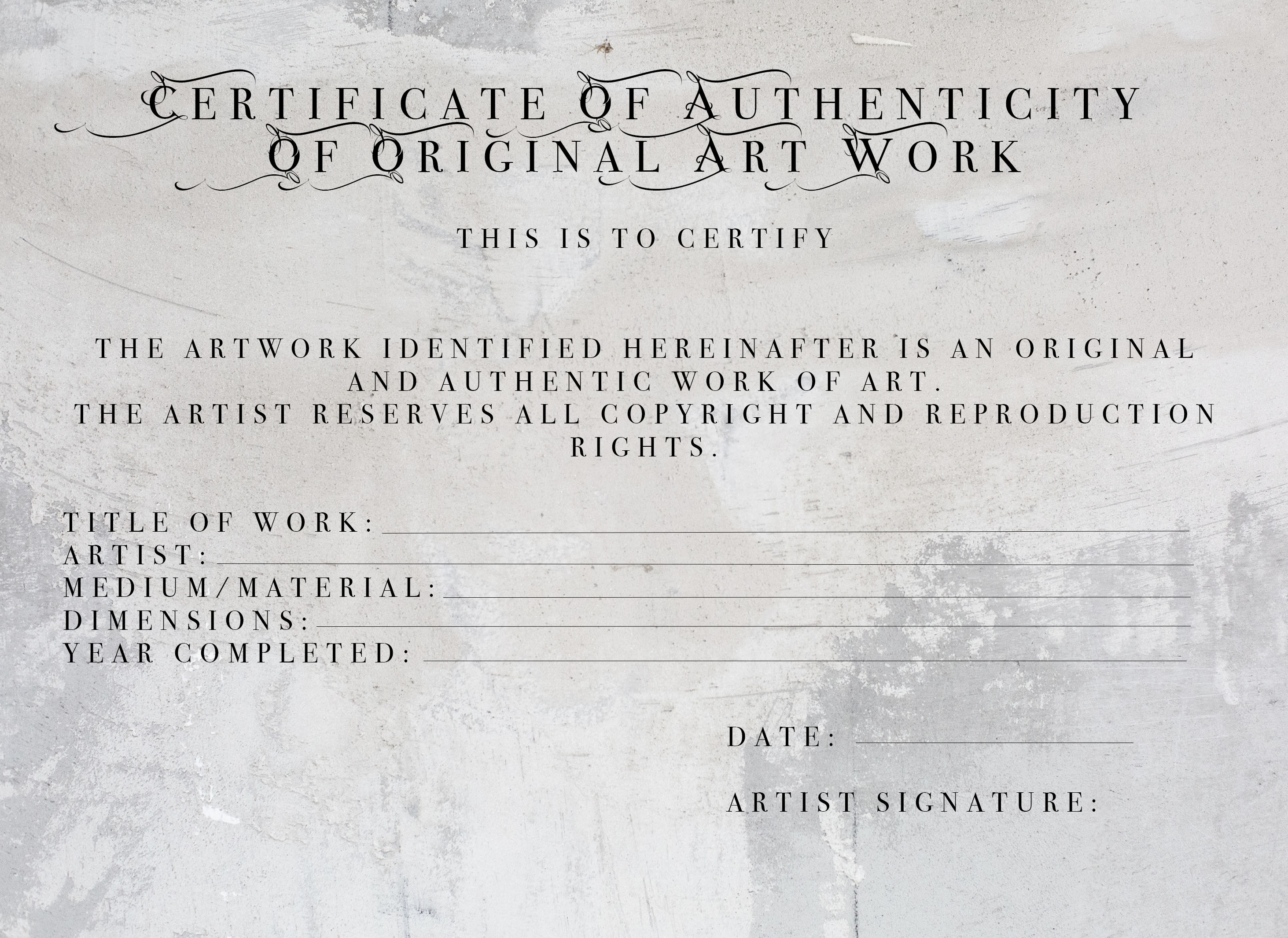 Certificate of authenticity of original artwork 