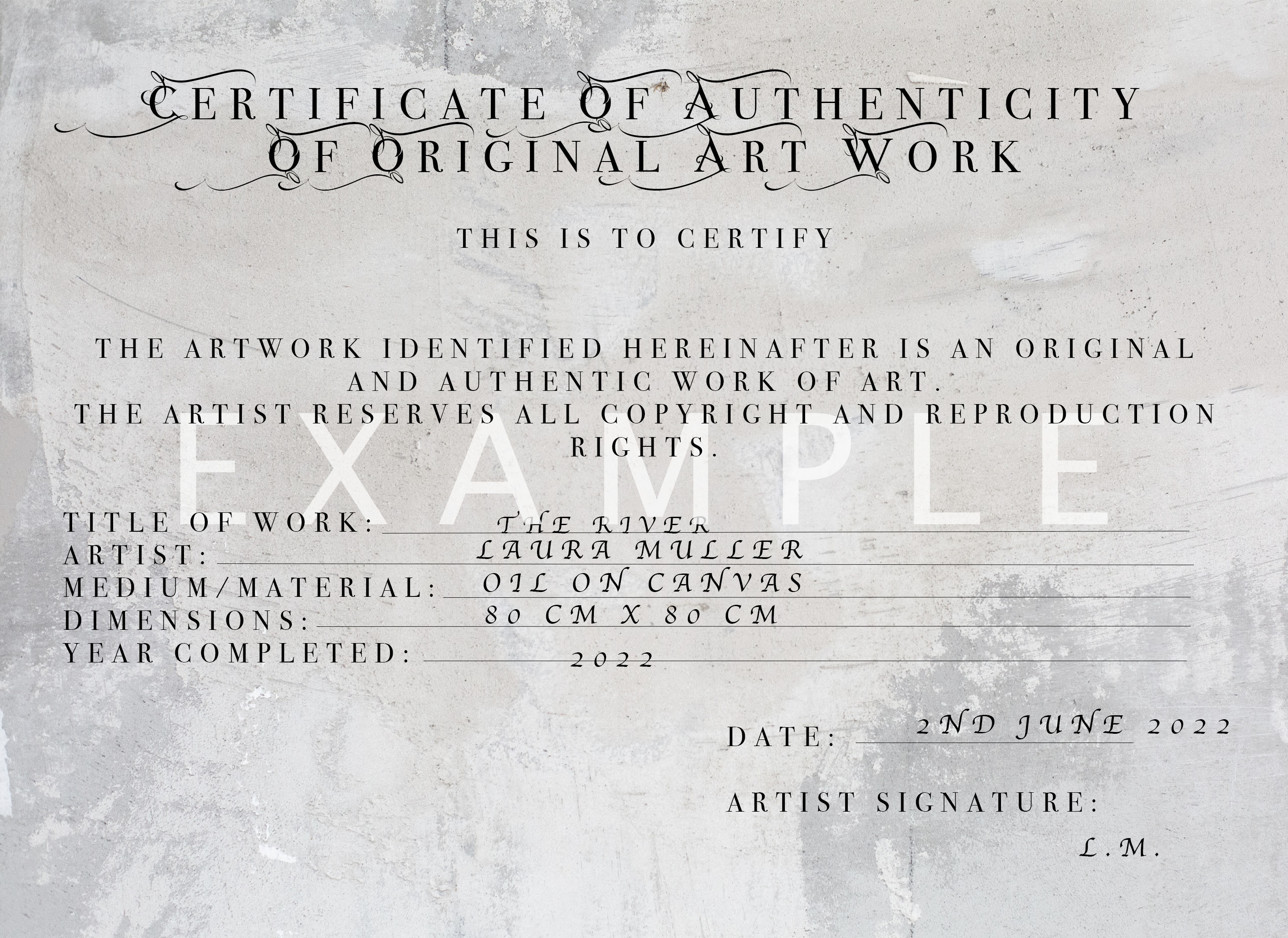 Certificate of authenticity of original artwork 