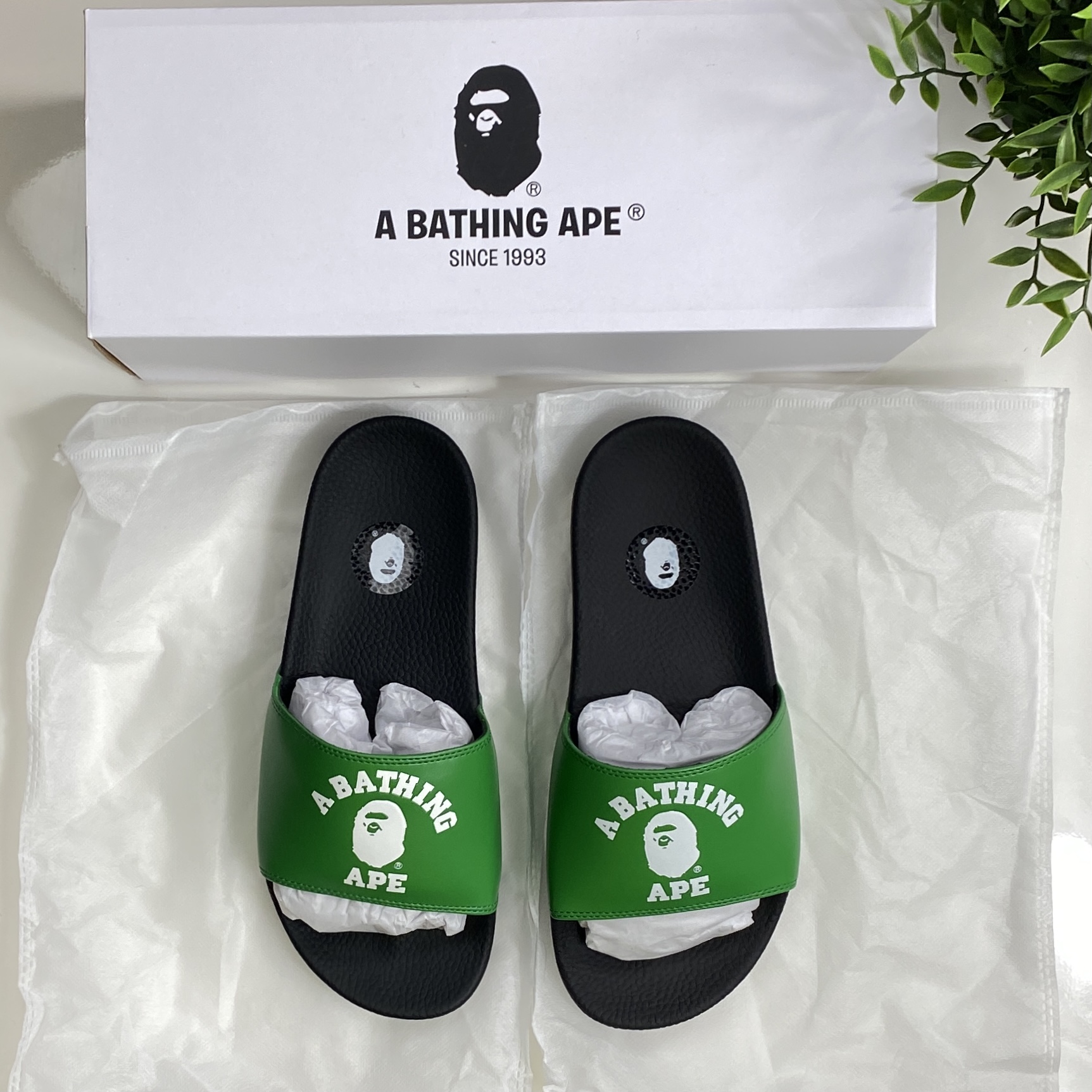 (40) A Bathing Ape College Slide Sandals Green 2020