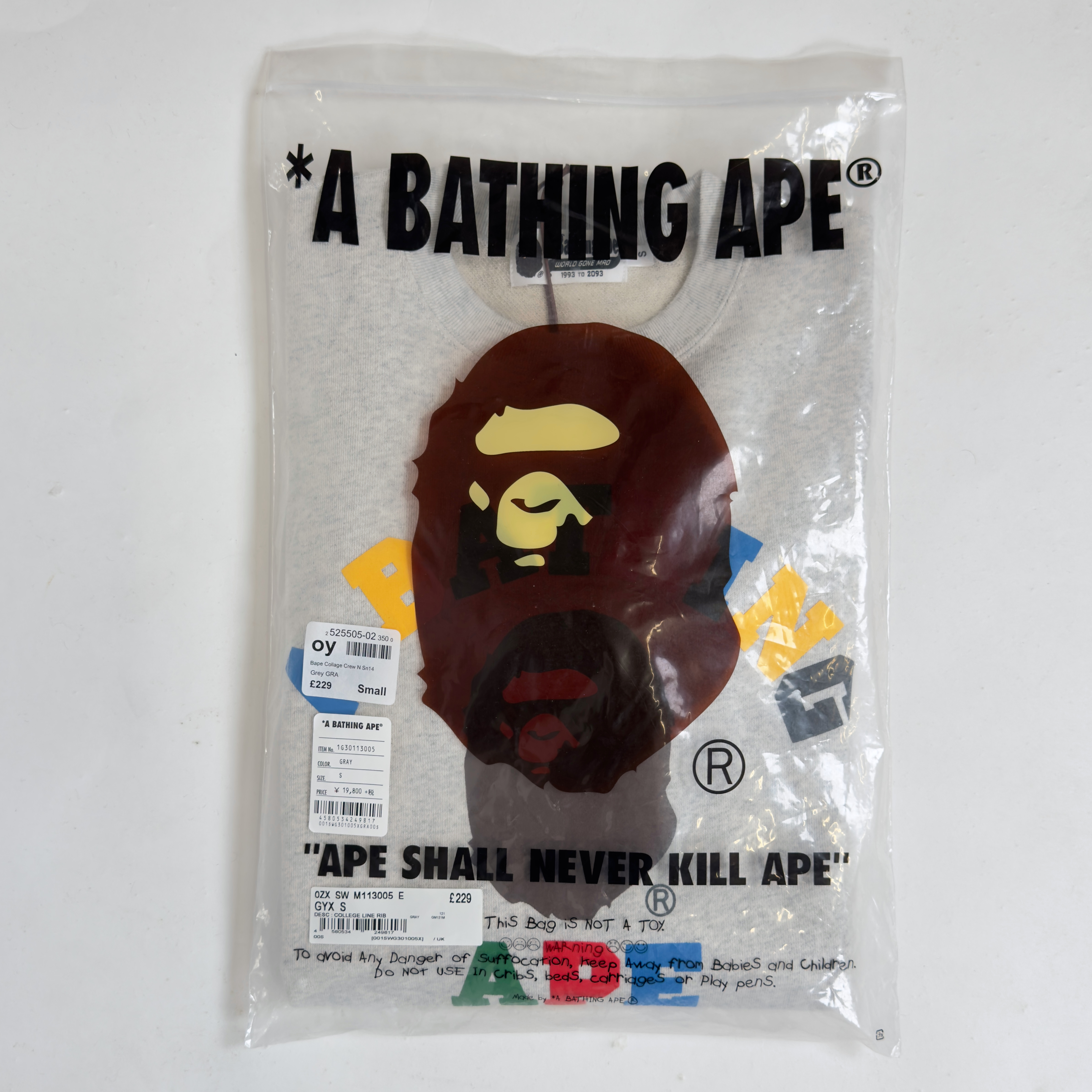 (S) Bape Multi Color Letters College Line Rib Crewneck Grey 2020