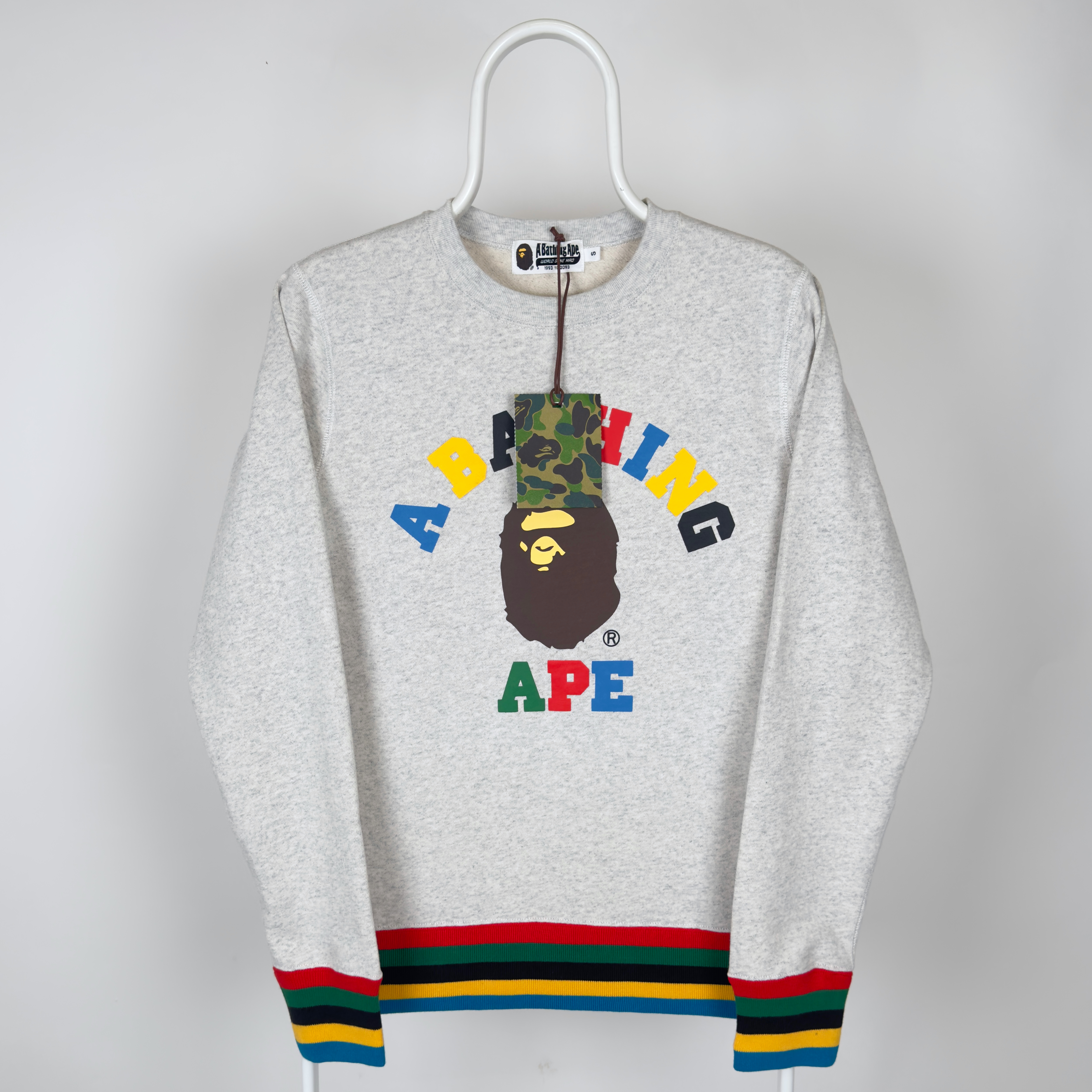 (S) Bape Multi Color Letters College Line Rib Crewneck Grey 2020