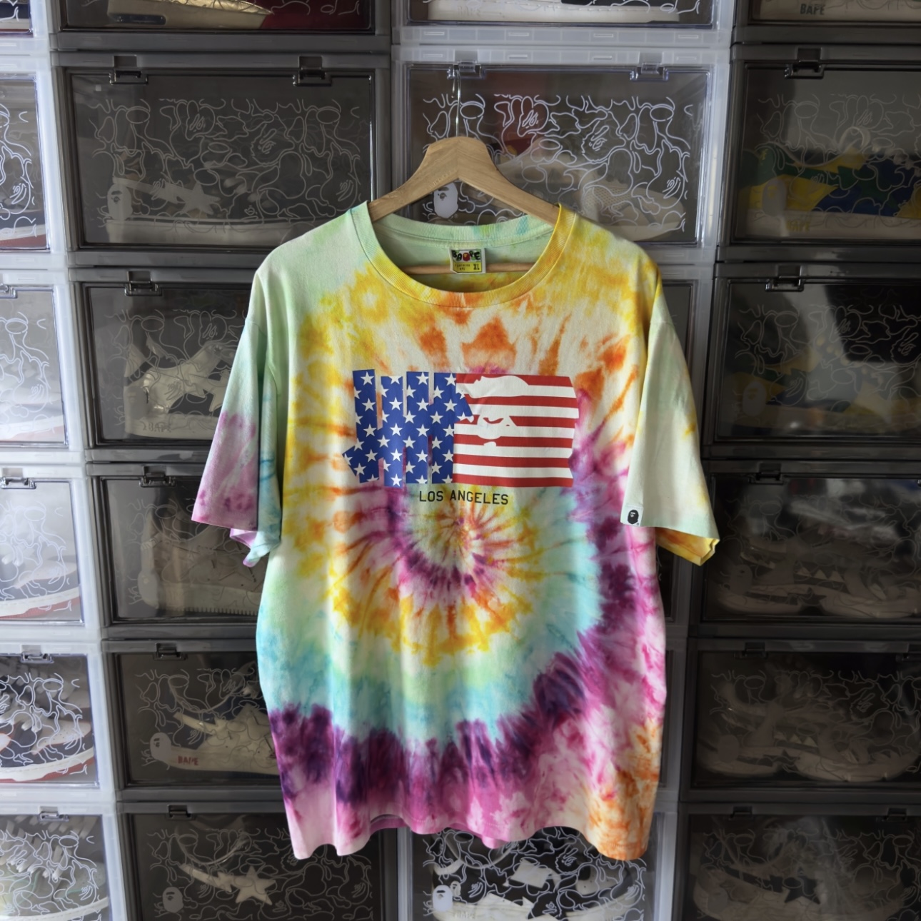(XL) Bape x Undefeated Mr Cartoon Flag Tie Dye Tee 2015