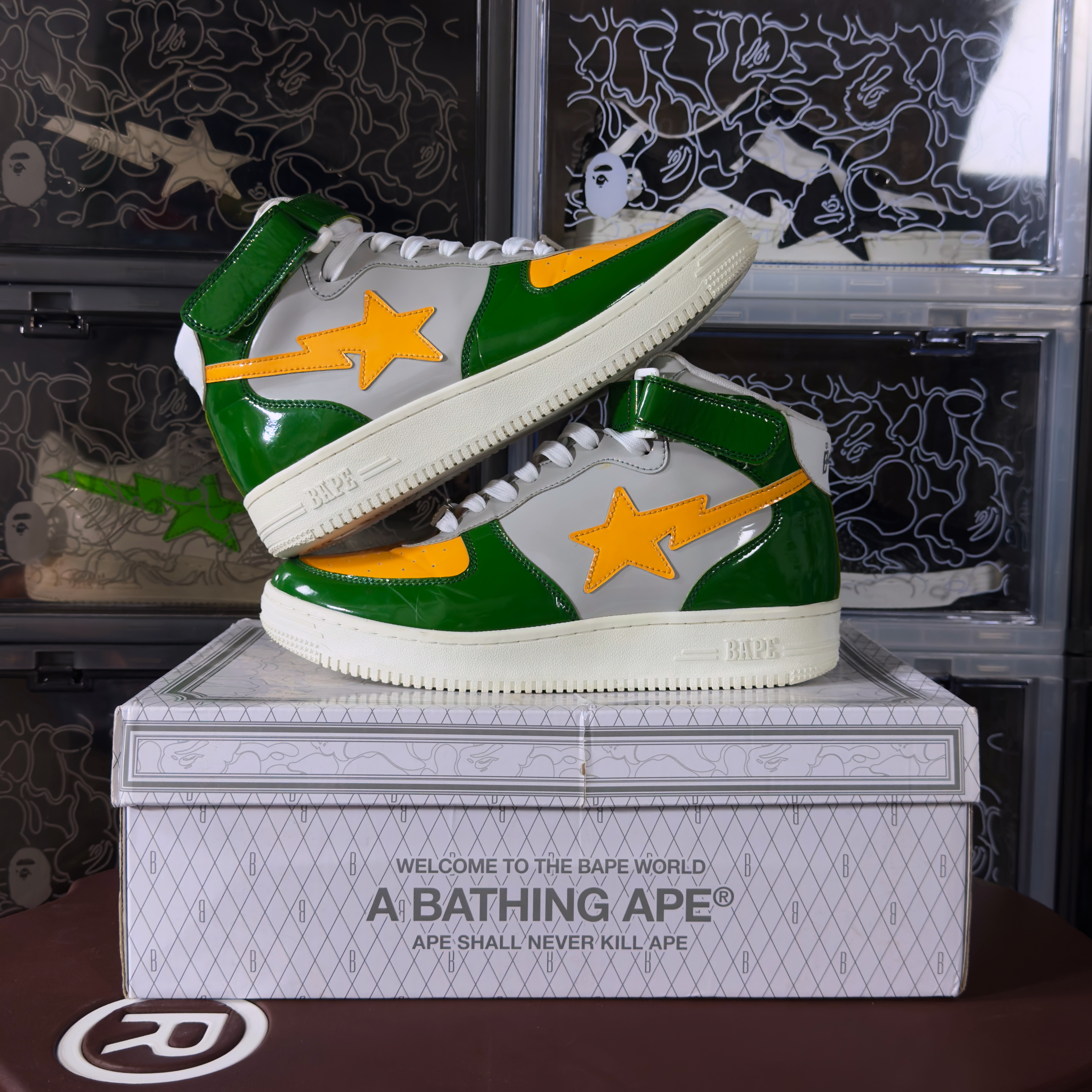 (44) A Bathing Ape Bapesta Mid Green/Orange 2020