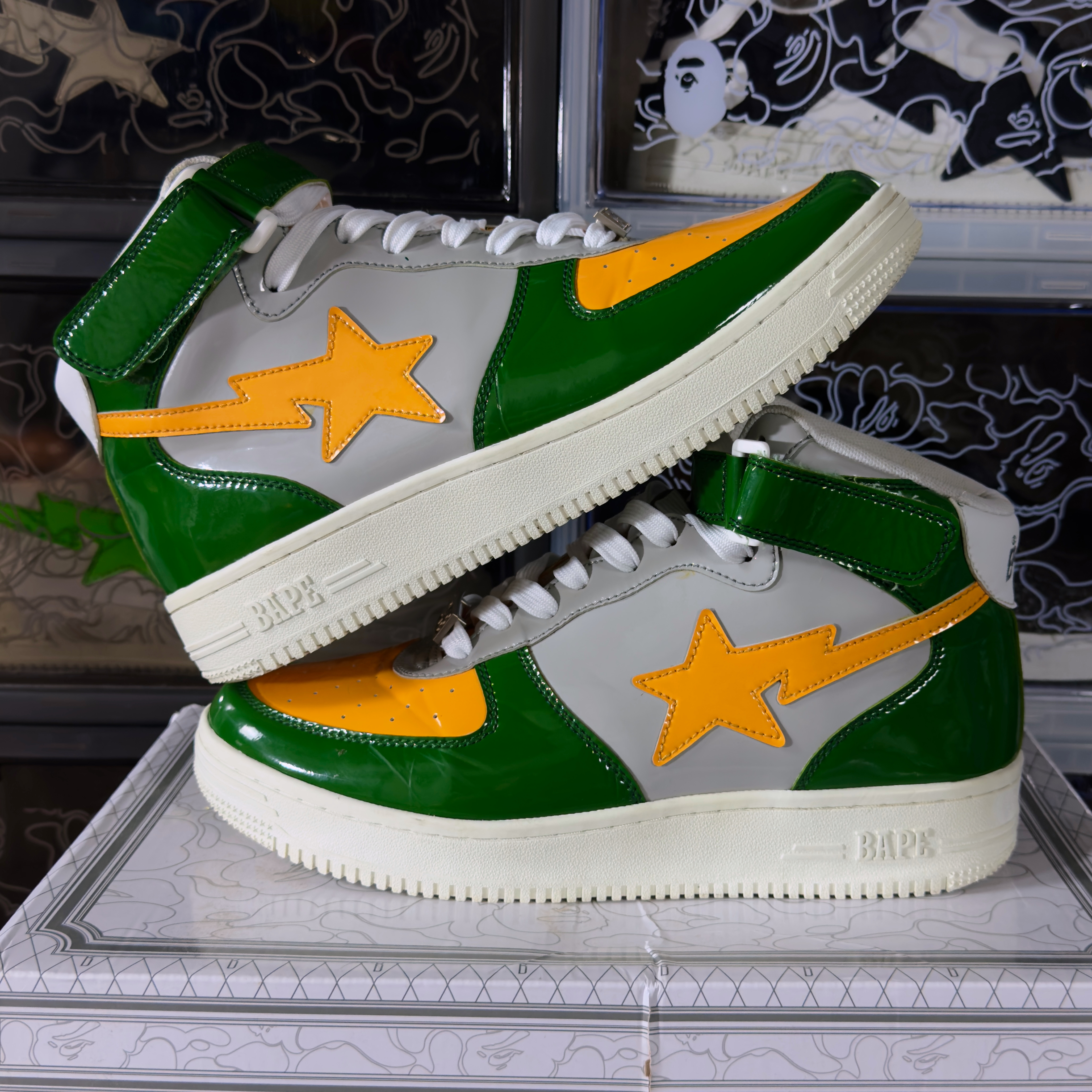 (44) A Bathing Ape Bapesta Mid Green/Orange 2020