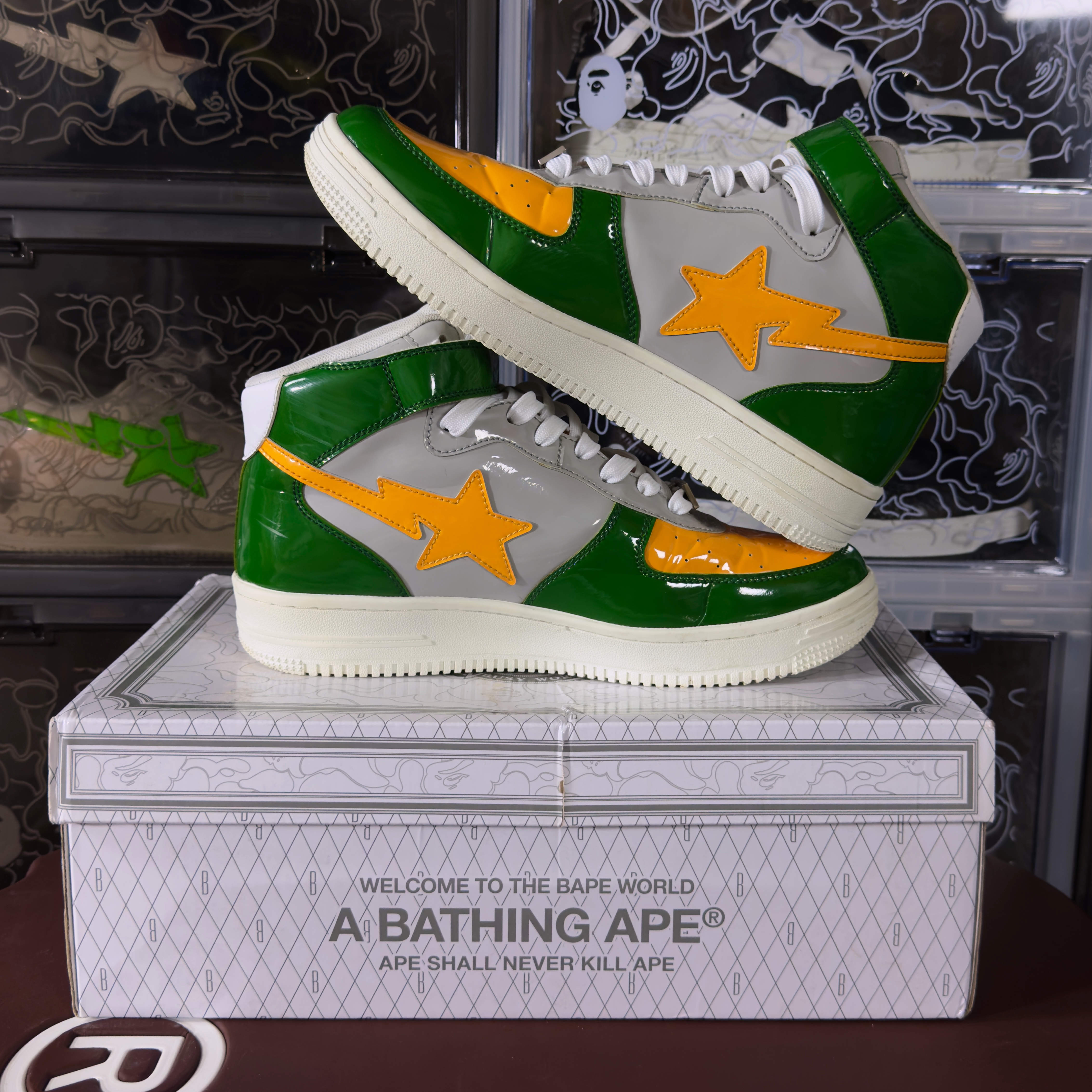 (44) A Bathing Ape Bapesta Mid Green/Orange 2020