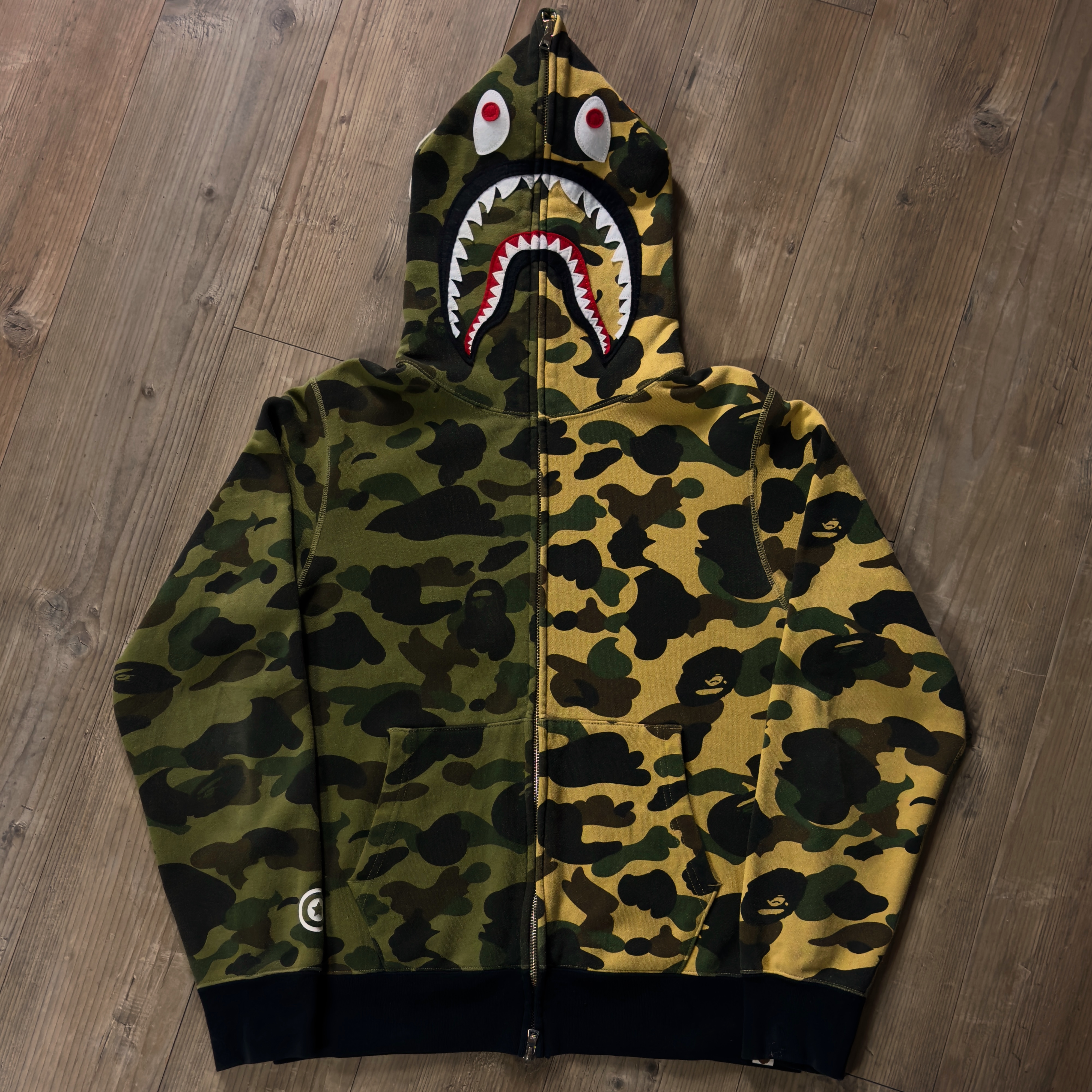 (M) Bape 1st Camo Half Shark Full Zip Hoodie Green/Yellow