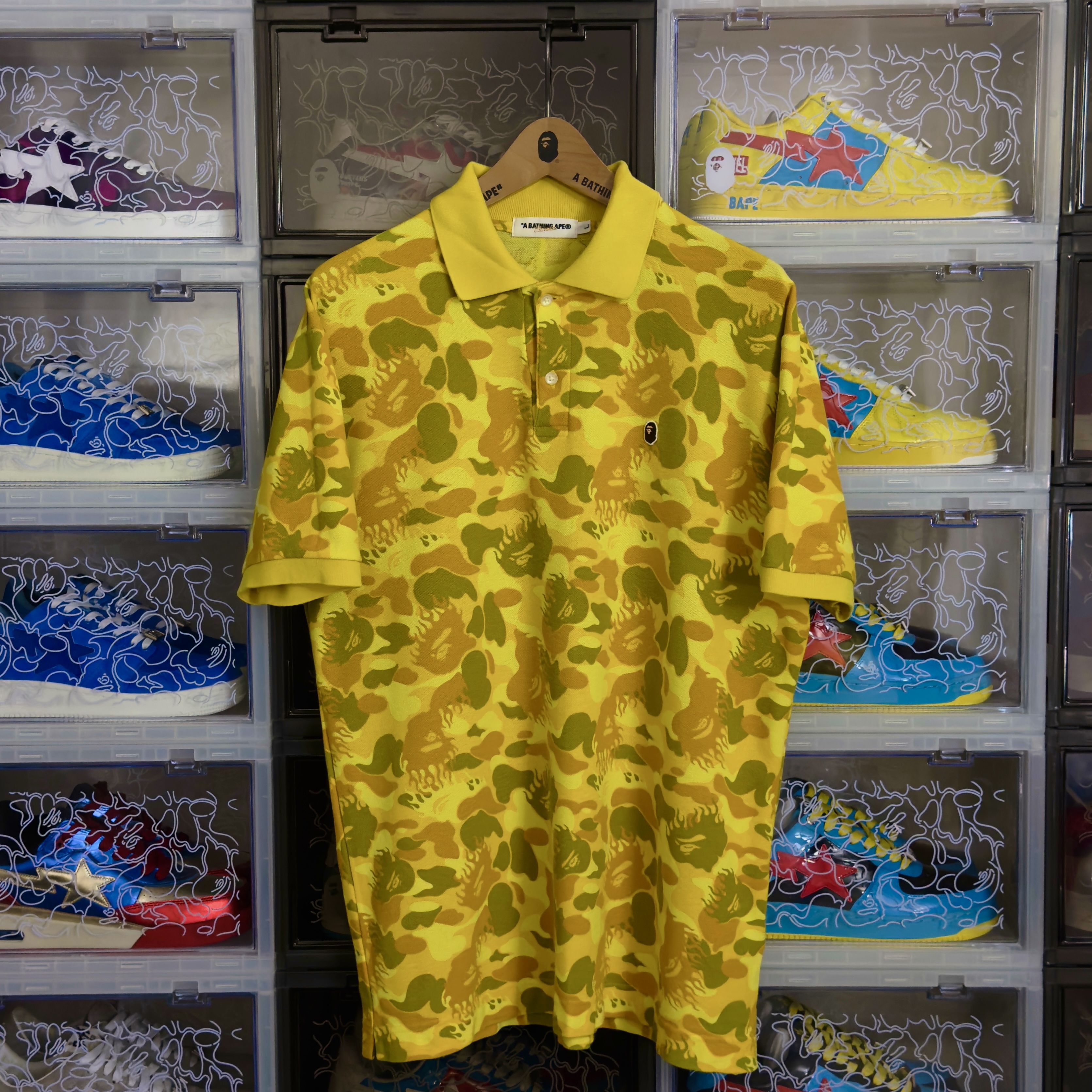 (L) Bape Fire Camo Polo Shirt Yellow