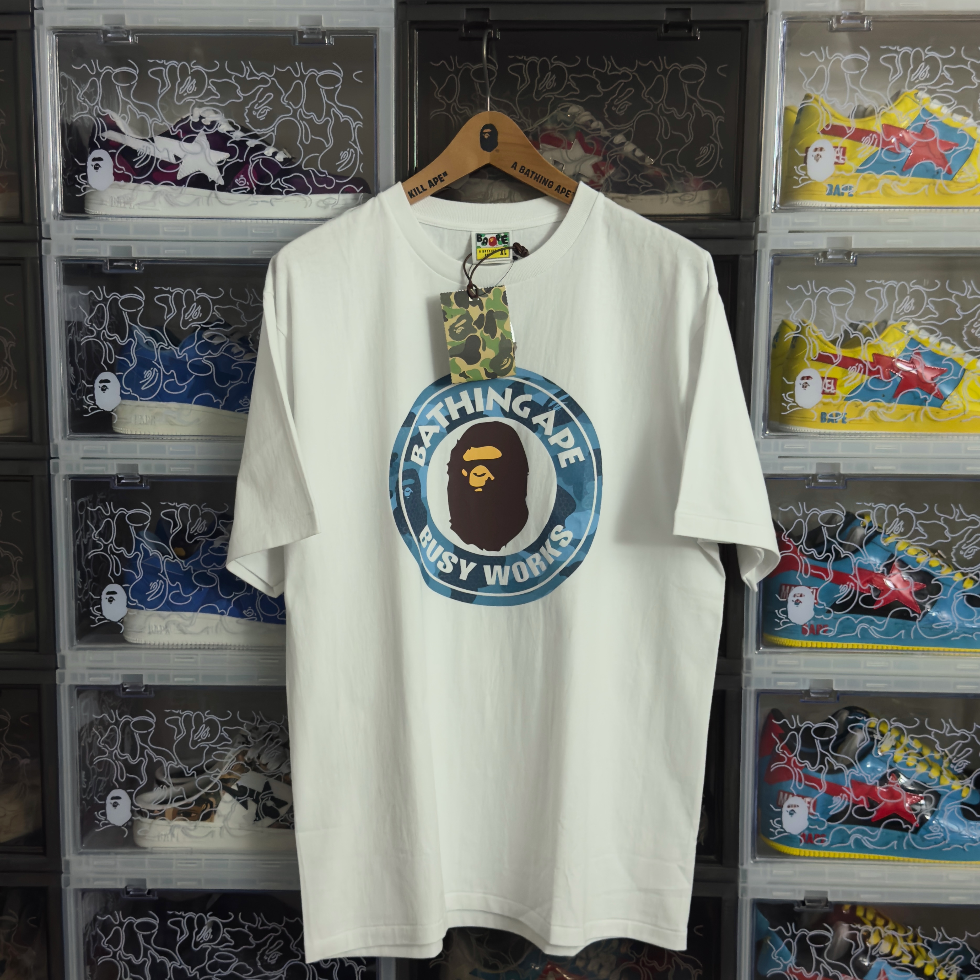 (XL) Bape Honeycomb Camo Busy Works Tee White/Blue 2023