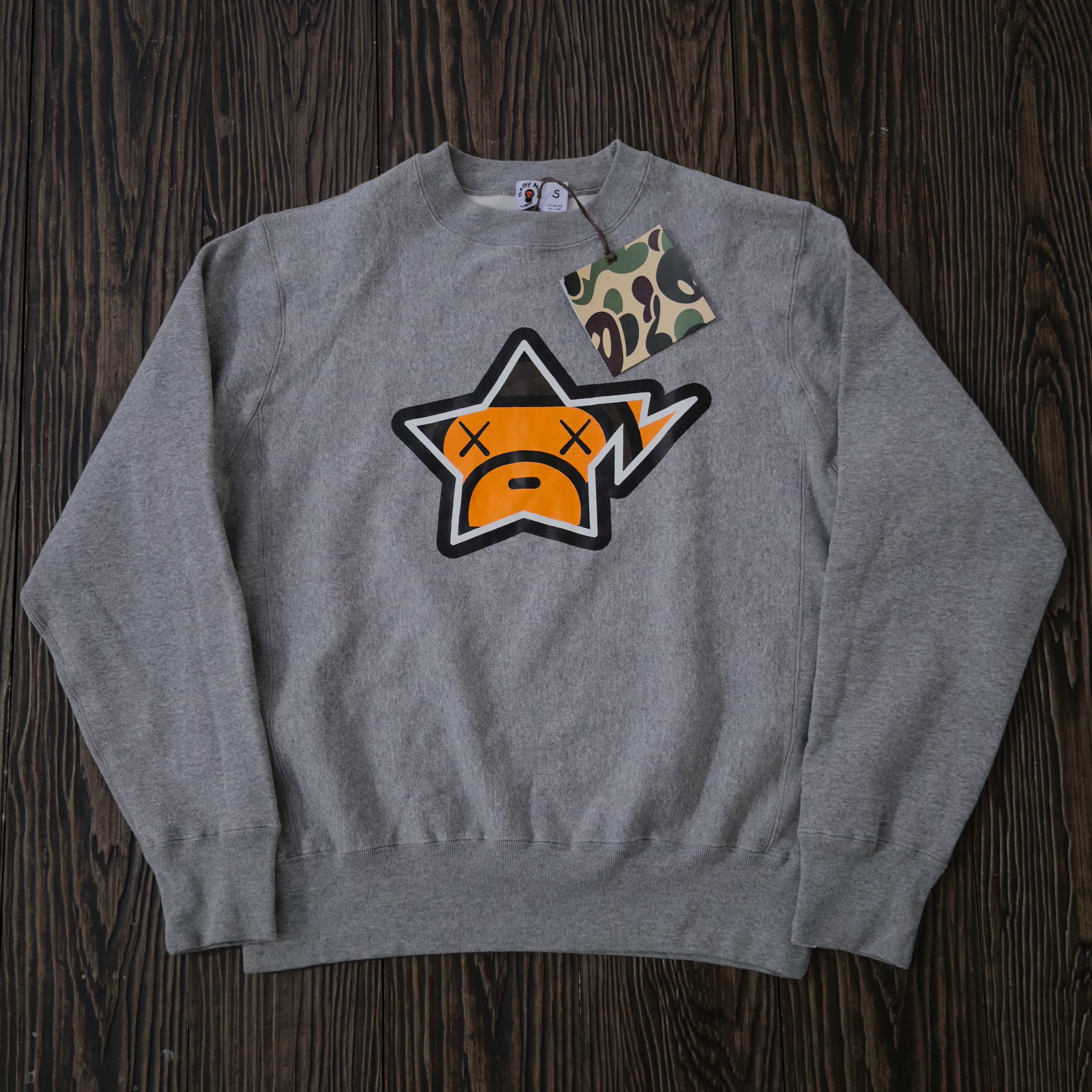 (S) Bape x Kaws Baby Milo Bapesta Face Logo Crewneck Grey