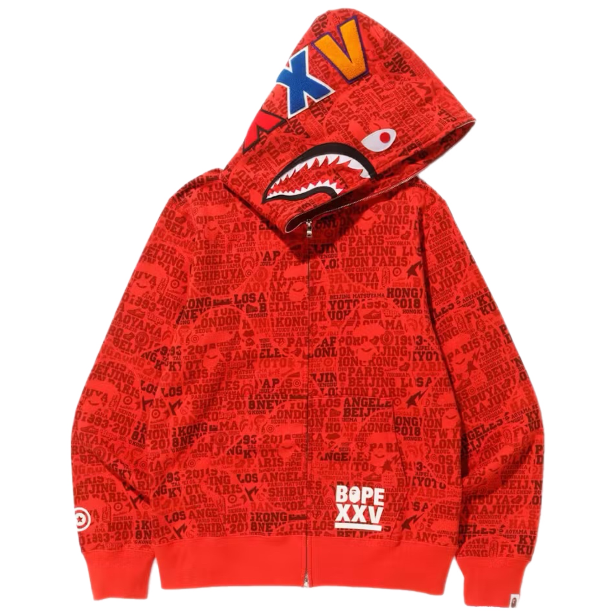 (XL) Bape XXV Cities Camo Shark Full Zip Hoodie Red 2018