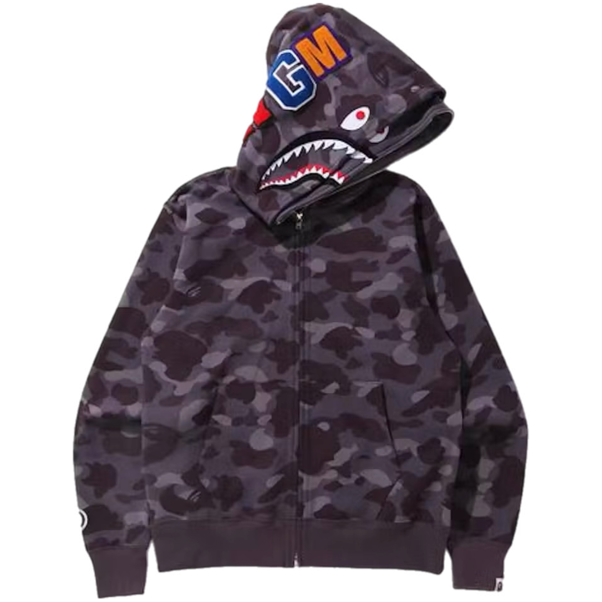 (XL) Bape Color Camo Shark Wide Full Zip Double Hoodie Burgundy 2021