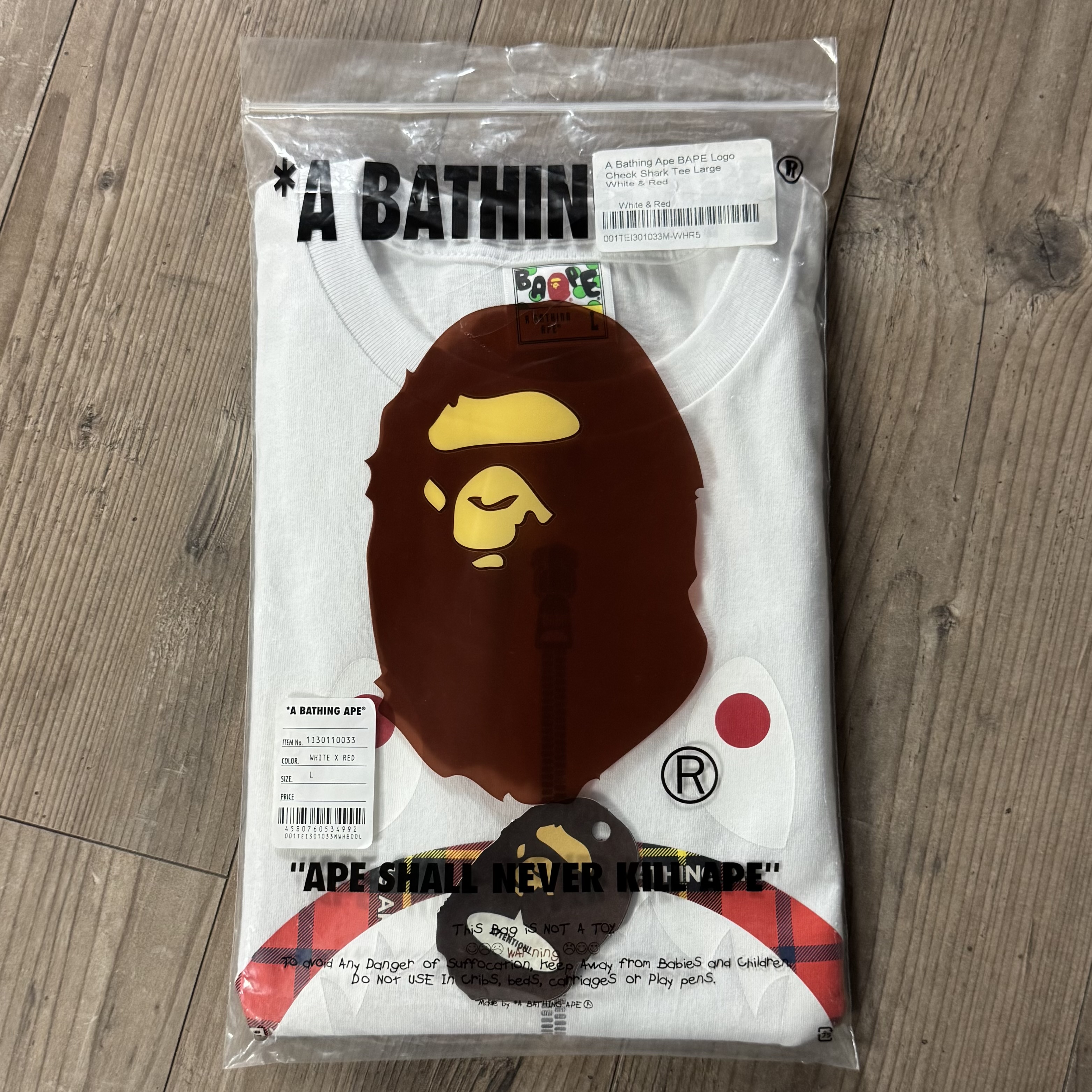 (L)  Bape Logo Check Shark Tee White/Red 2022