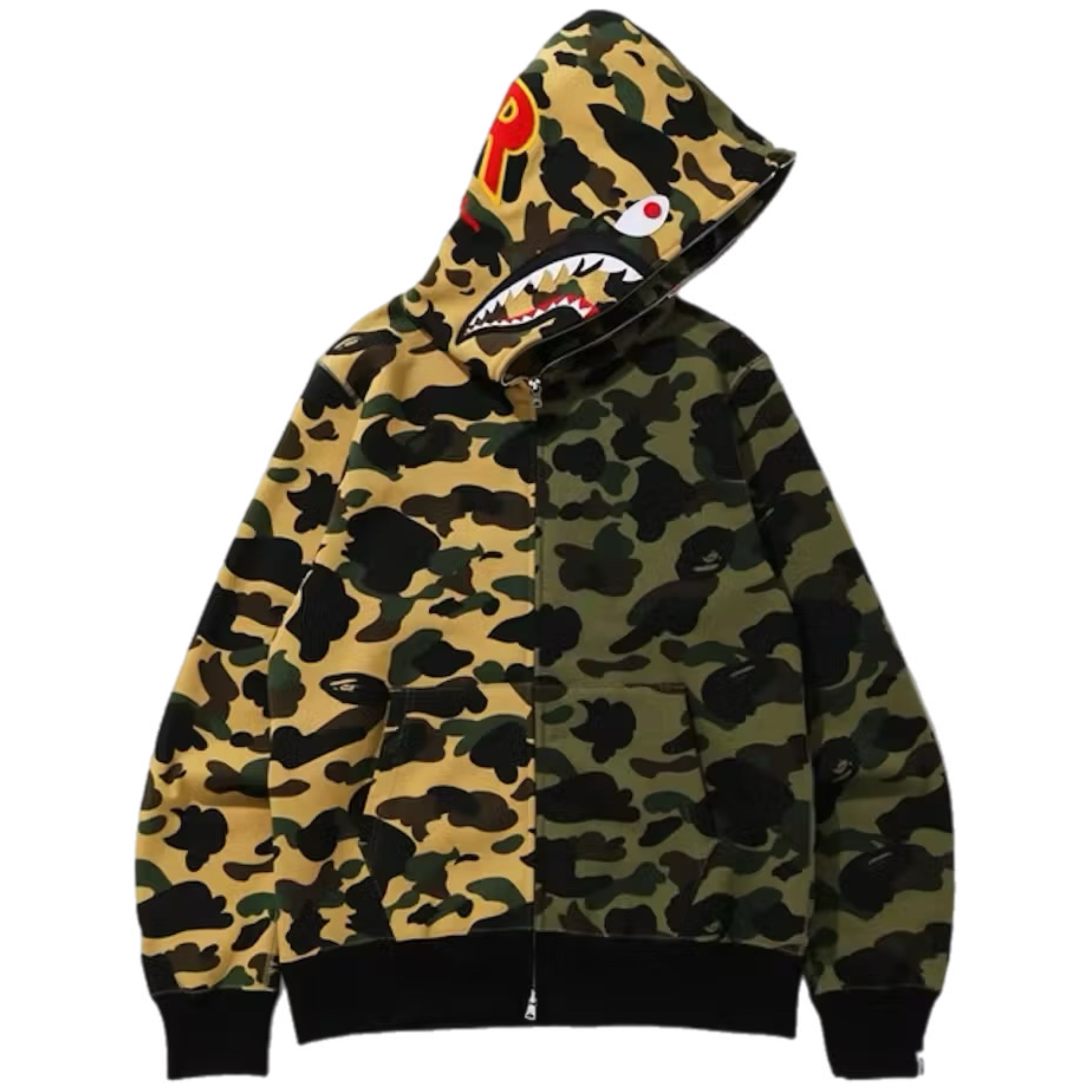 (L) Bape 1st Camo Half Shark Full Zip Hoodie Green/Yellow