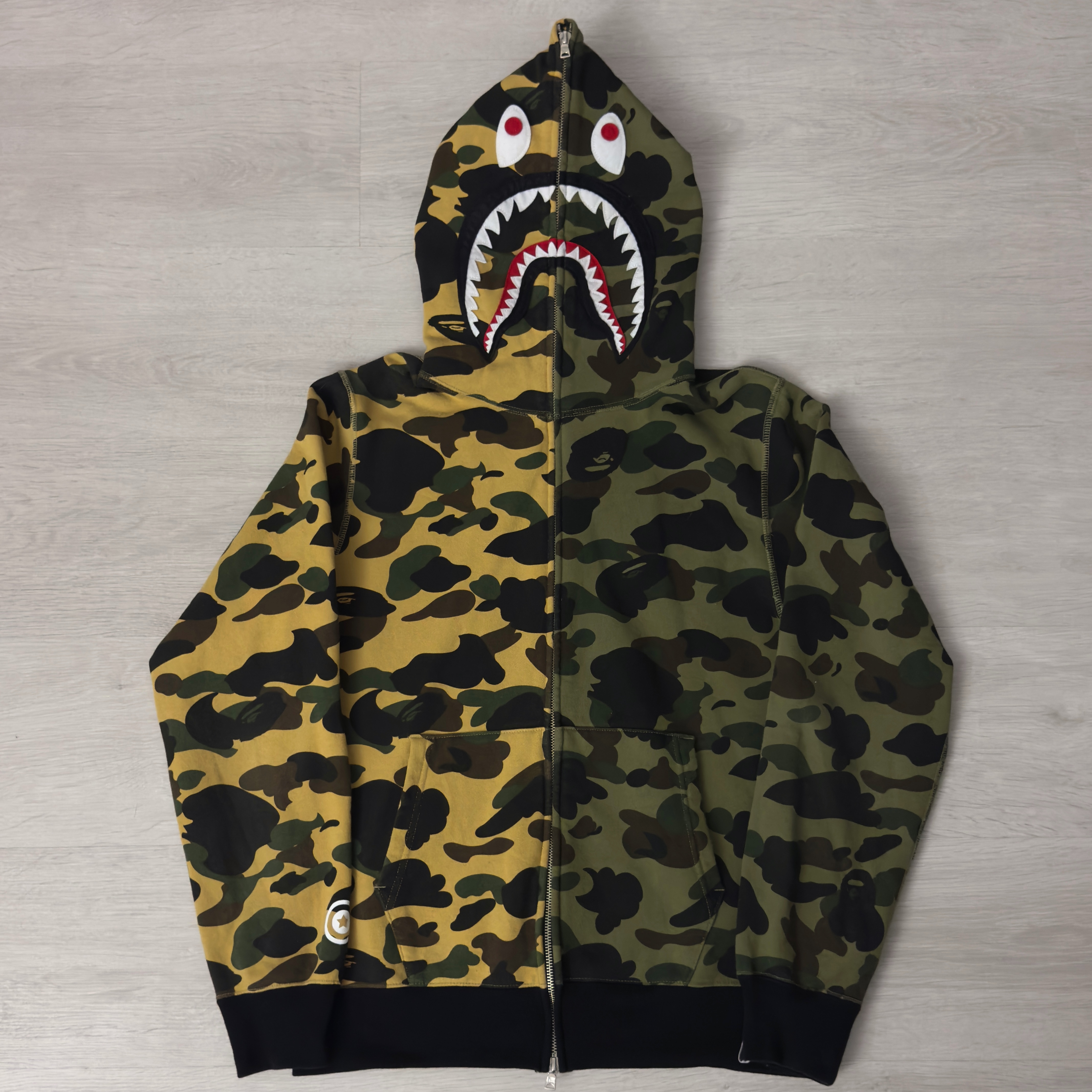(L) Bape 1st Camo Half Shark Full Zip Hoodie Green/Yellow