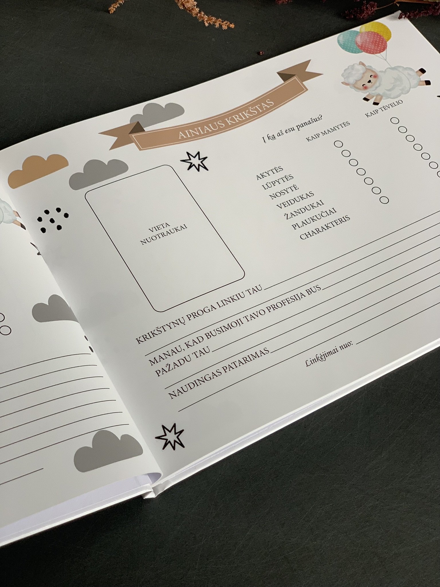Asmeninė krikštynų palinkėjimų knyga su vardu ir data