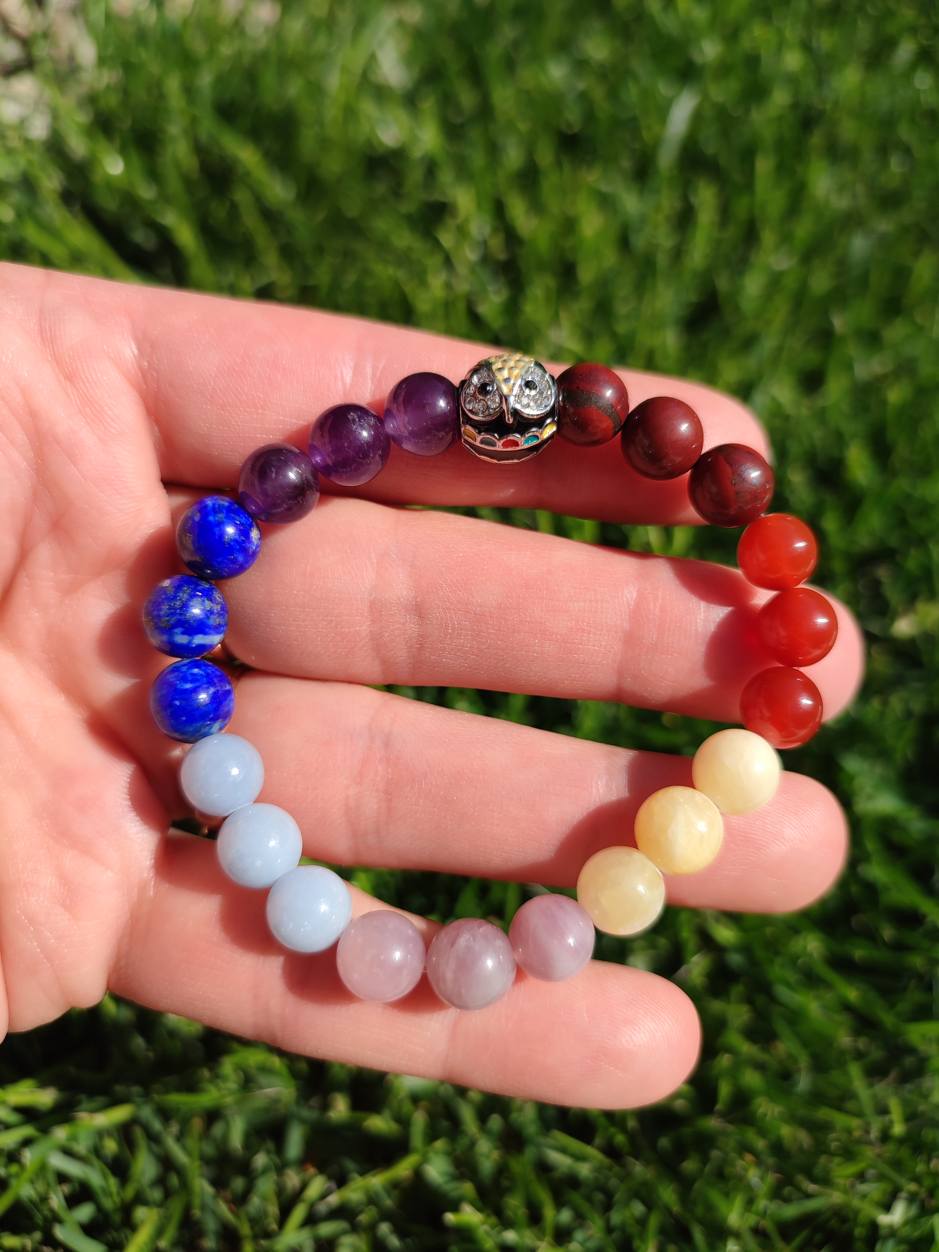 Rankų darbo apyrankė "7 čakros su pelėda" + AFIRMACIJA