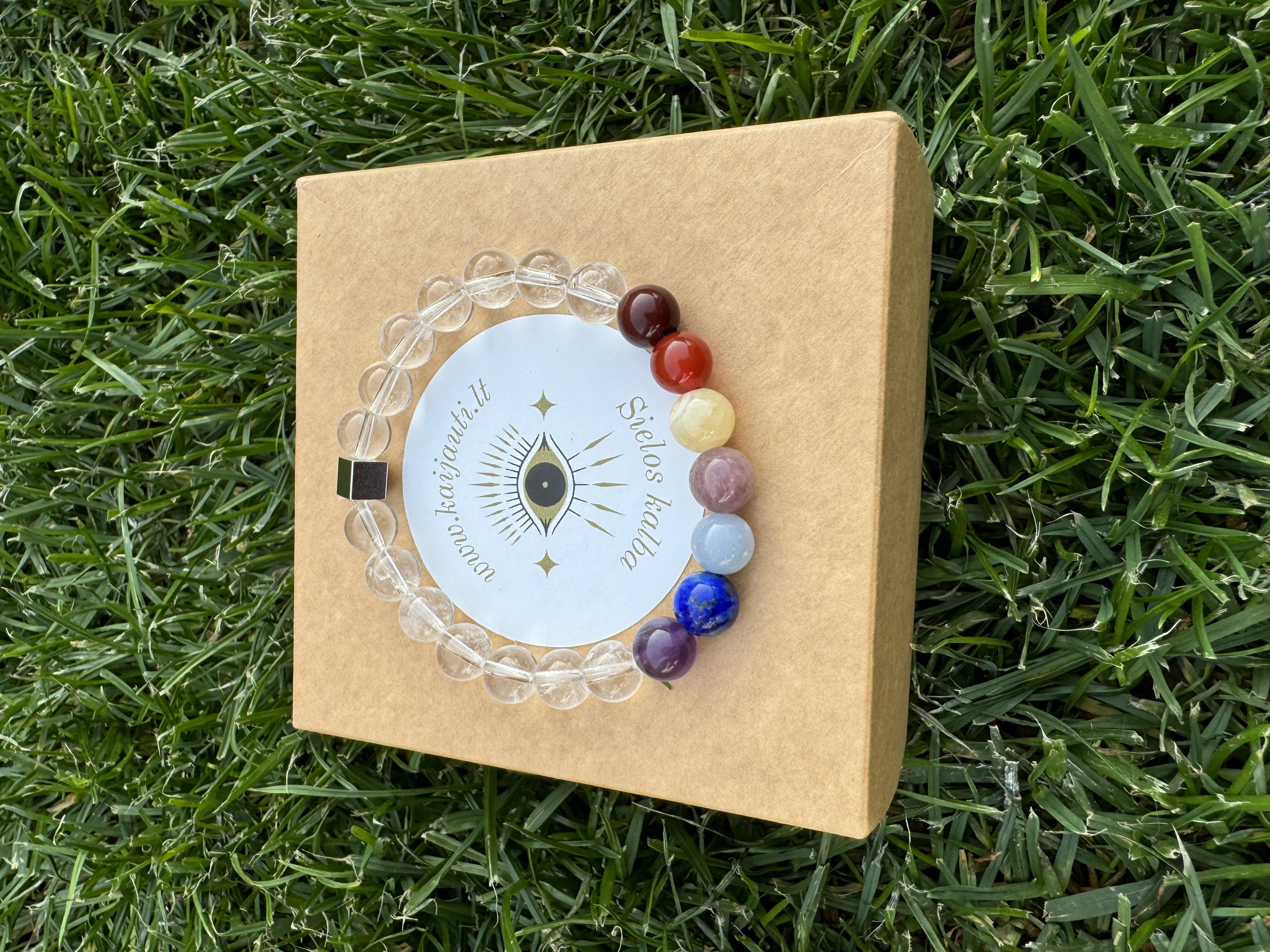 Rankų darbo apyrankė "7 čakros su kalnų krištolu" + AFIRMACIJA