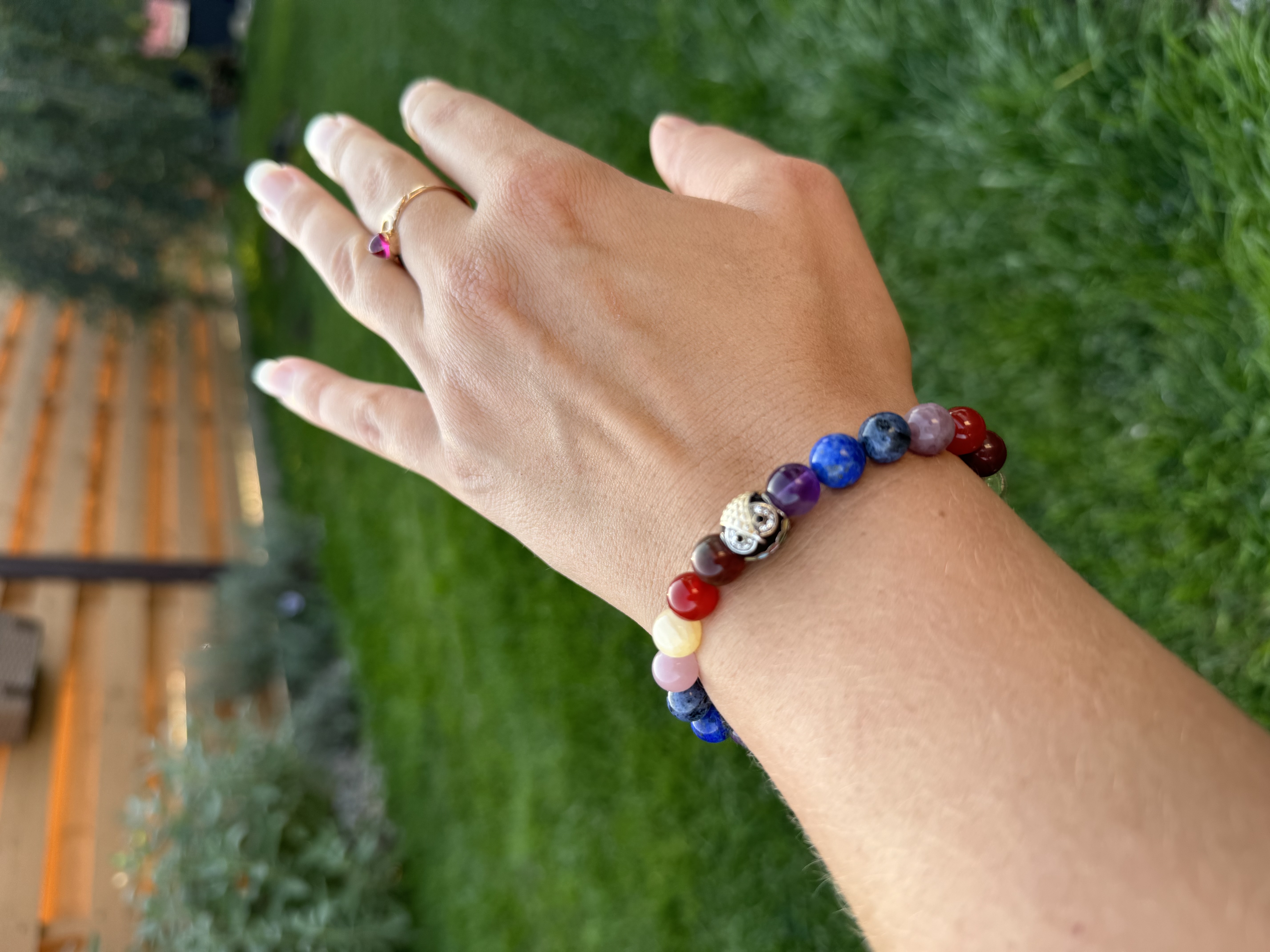 Rankų darbo apyrankė "7 čakros su pelėda" + AFIRMACIJA