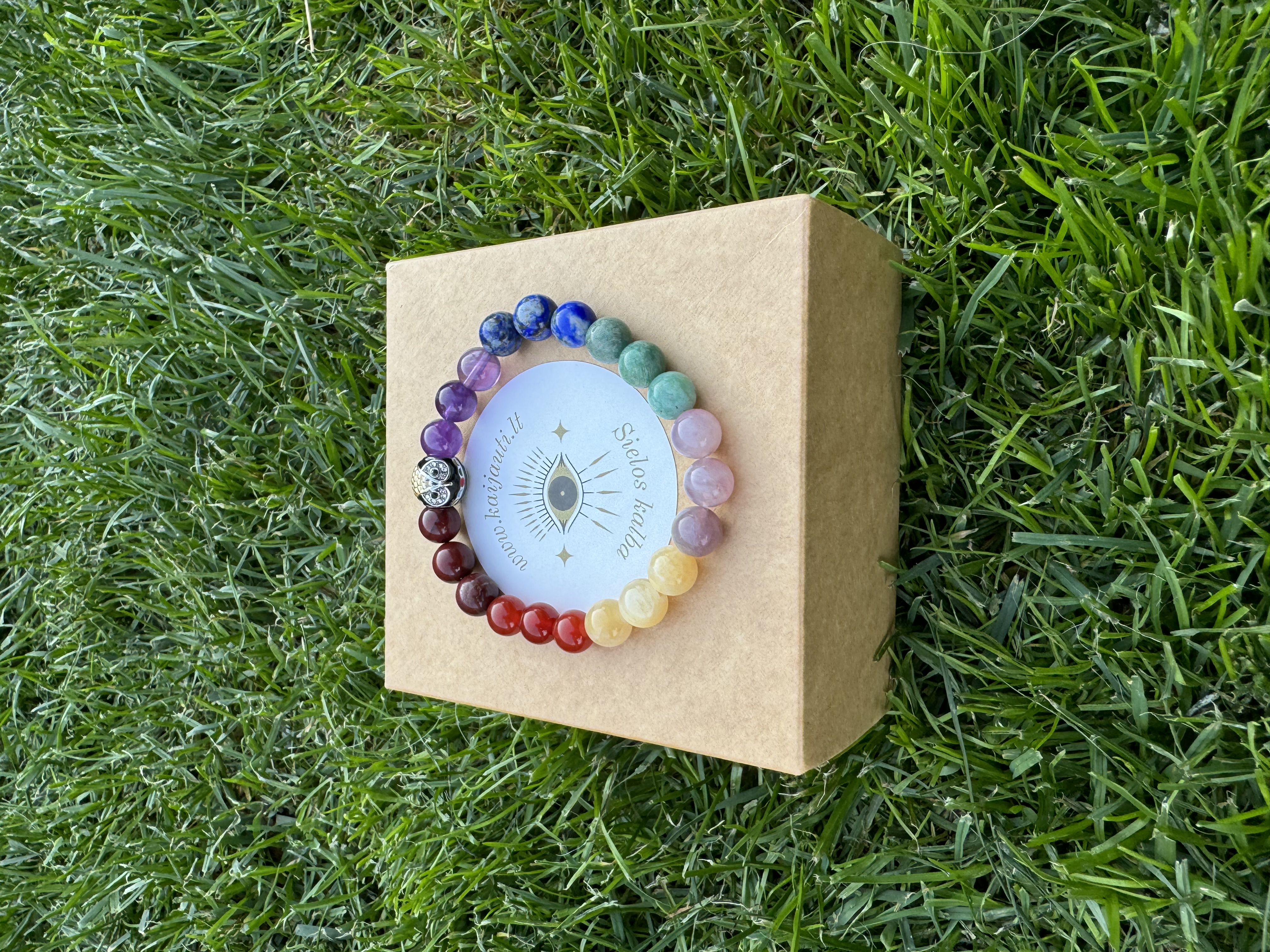 Rankų darbo apyrankė "7 čakros su pelėda" + AFIRMACIJA